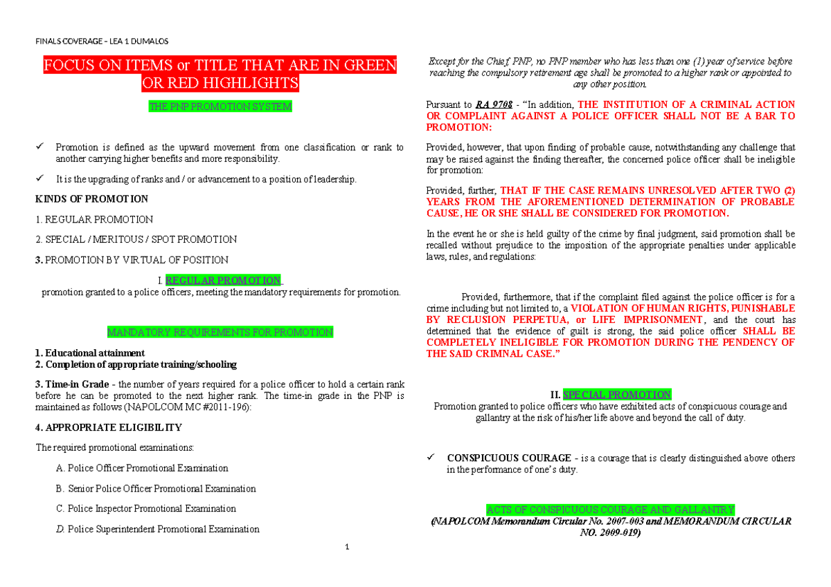 Final Exam Notes on PNP Promotion System - LEA 1 - Studocu