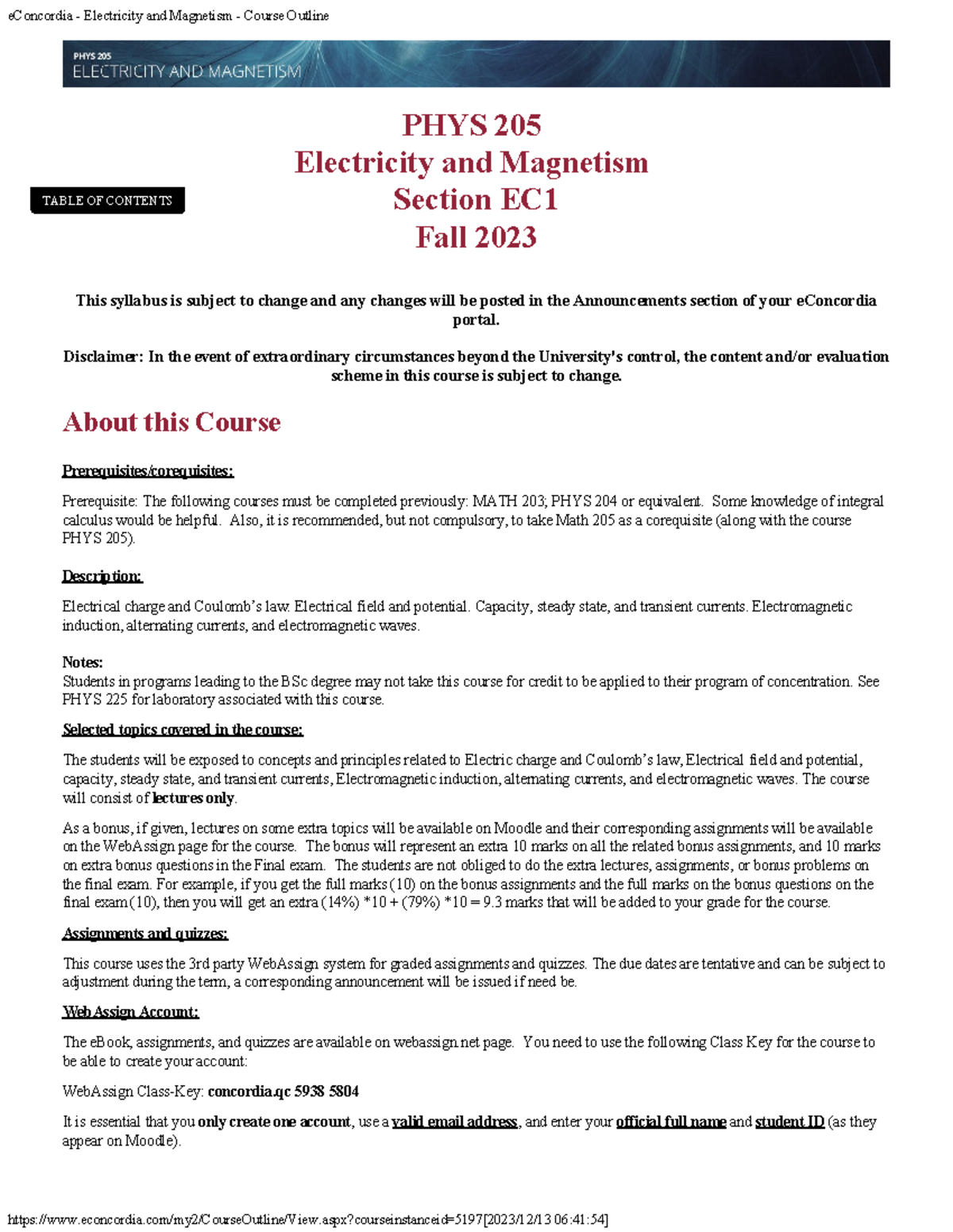 PHYS 205 - Electricity and Magnetism Course Outline for Fall 2023 - Studocu