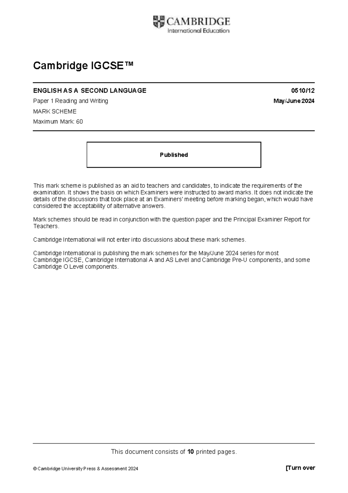 Cambridge IGCSE 0510 Paper 1 Reading & Writing 2024 Mark Scheme - Studocu