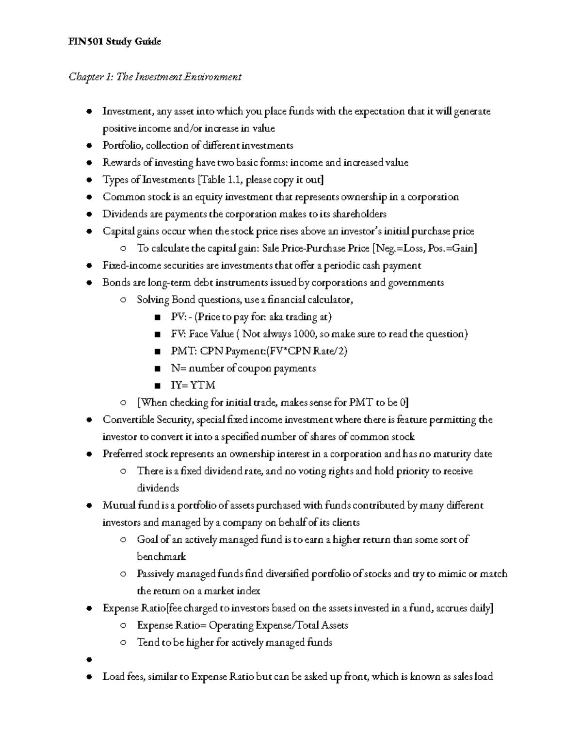 Midterm Notes - Chapter 1 : The Investment Environment Investment, any ...