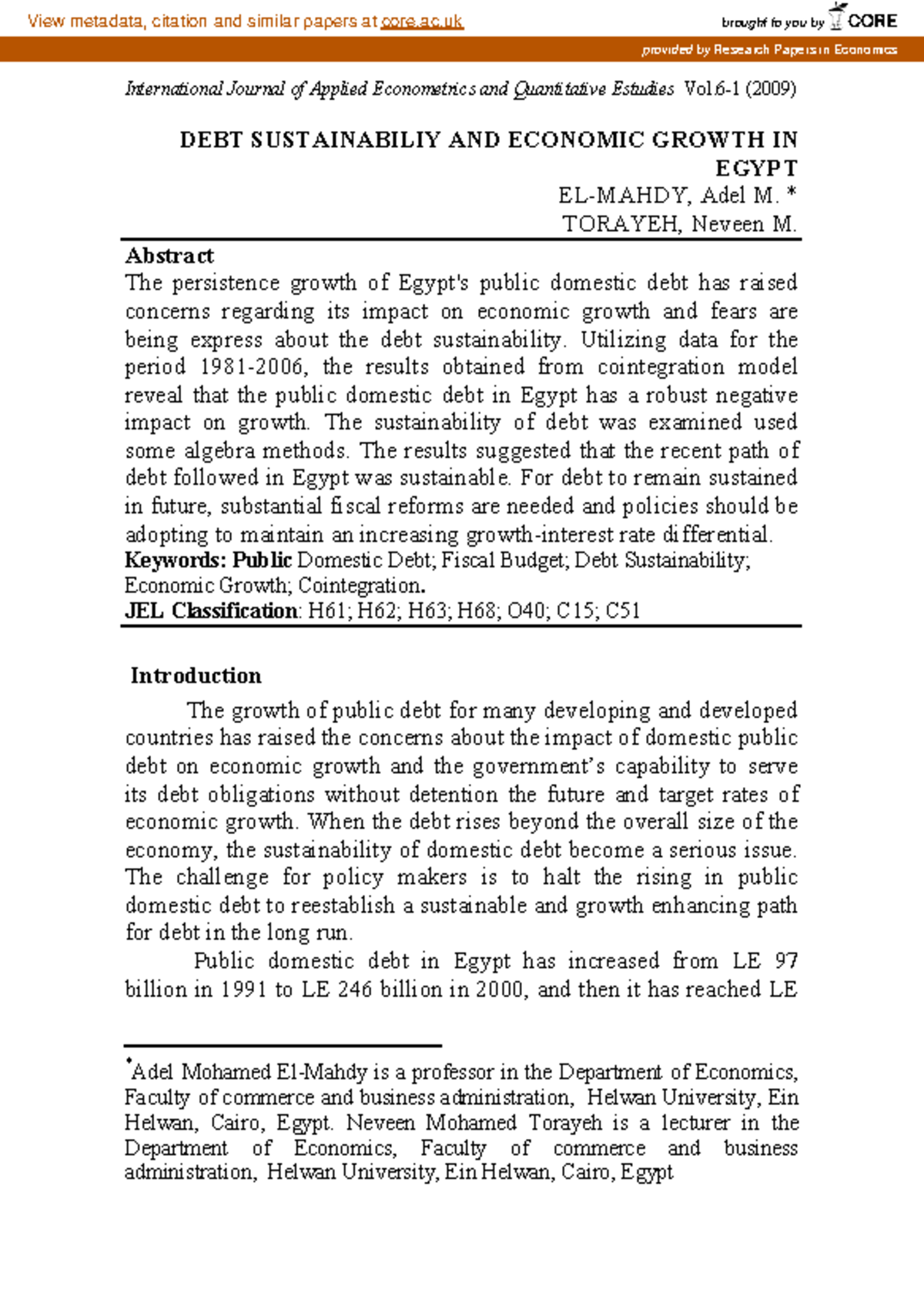 Debt Sustainability and Economic Growth in Egypt: An Analysis (ECO 2009 ...