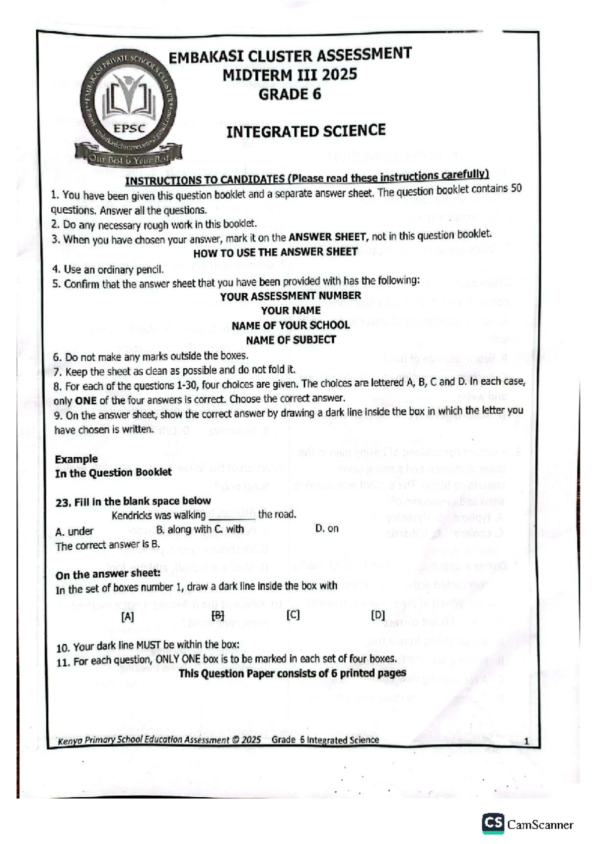 EMBAKASI CLUSTER MIDTERM 2025 GRADE 6 INTEGRATED SCIENCE NOTES - Studocu