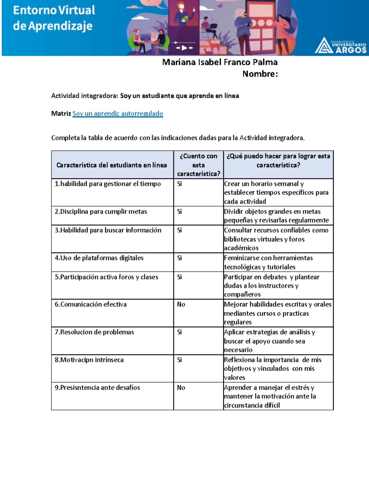 Matriz de Autorregulación para Estudiantes en Línea - Actividad ...