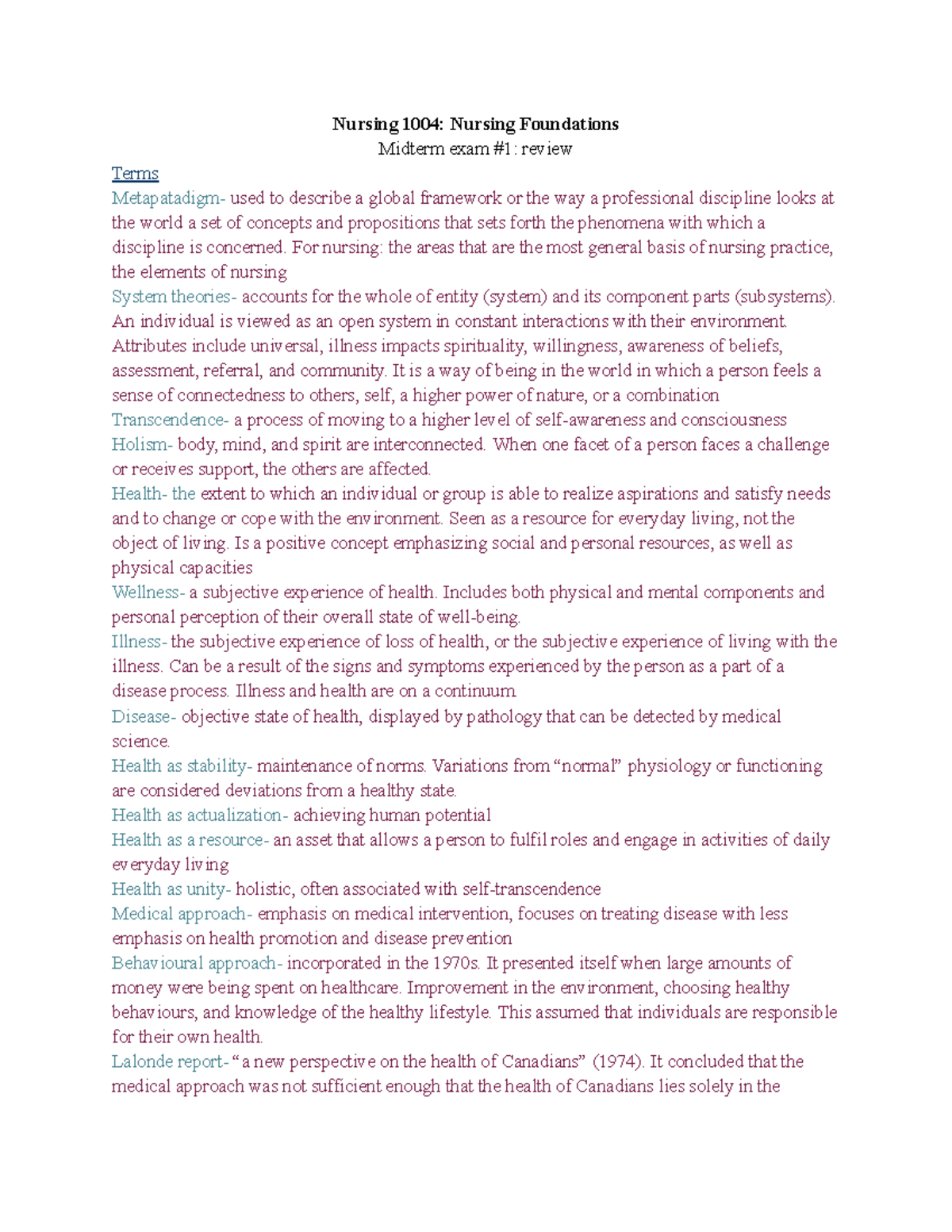 NURS 1004 Midterm Exam Review: Key Concepts and Theories in Nursing ...