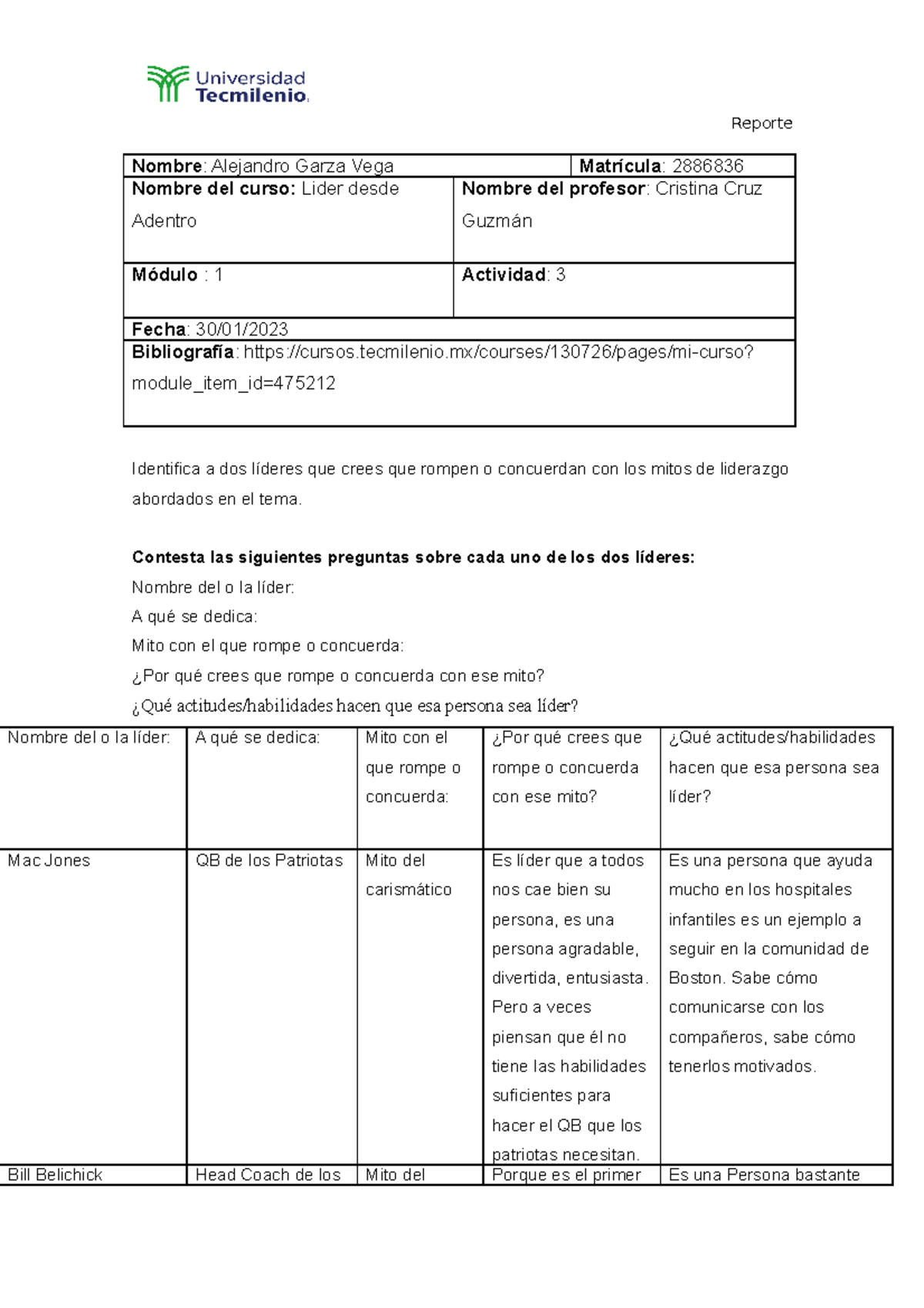Actividad 3 lider desde adentro - Reporte Nombre: Alejandro Garza Vega ...