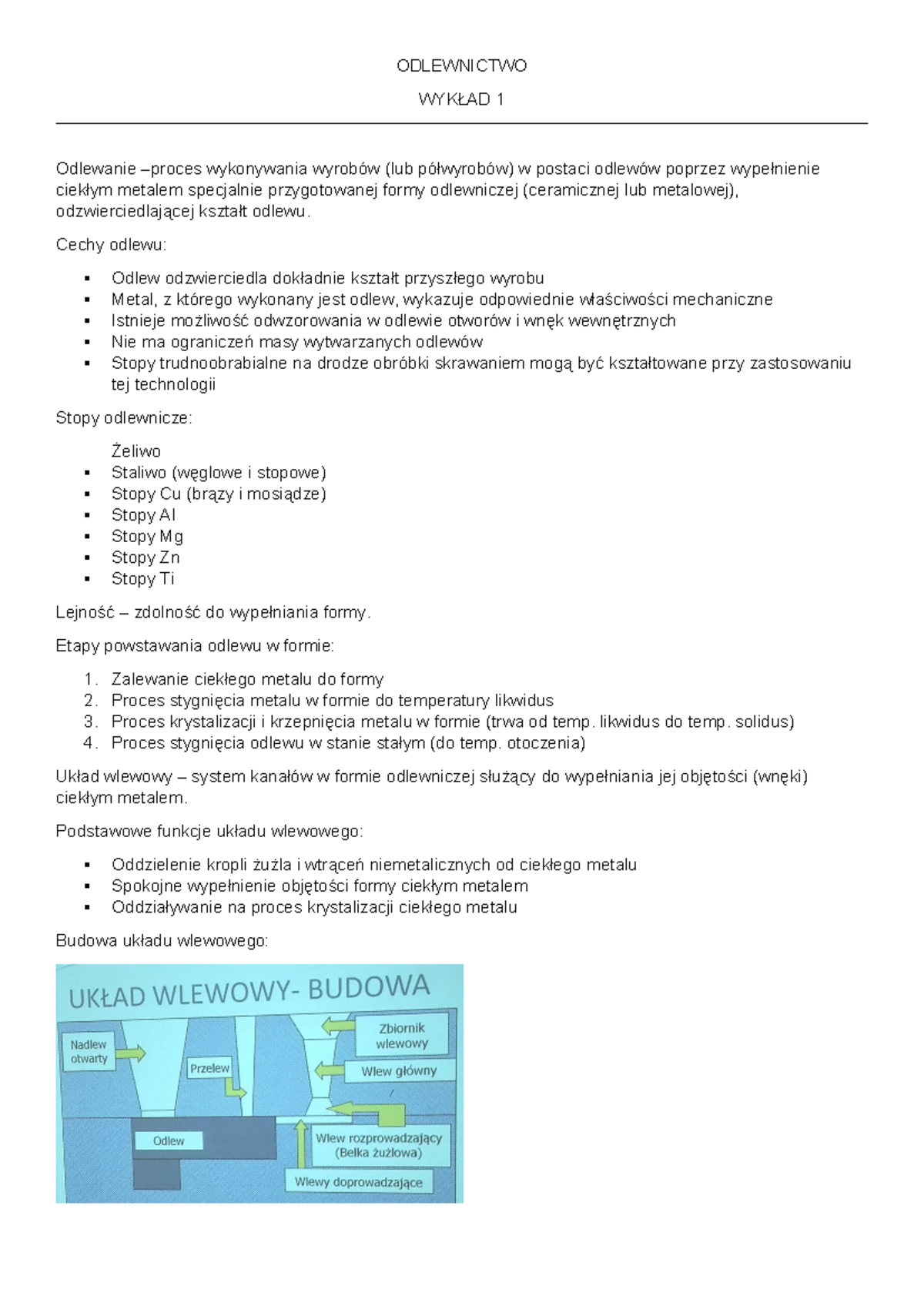 Wykład 1 - Procesy i Techniki w Odlewnictwie - Notatki z Odlewnictwa
