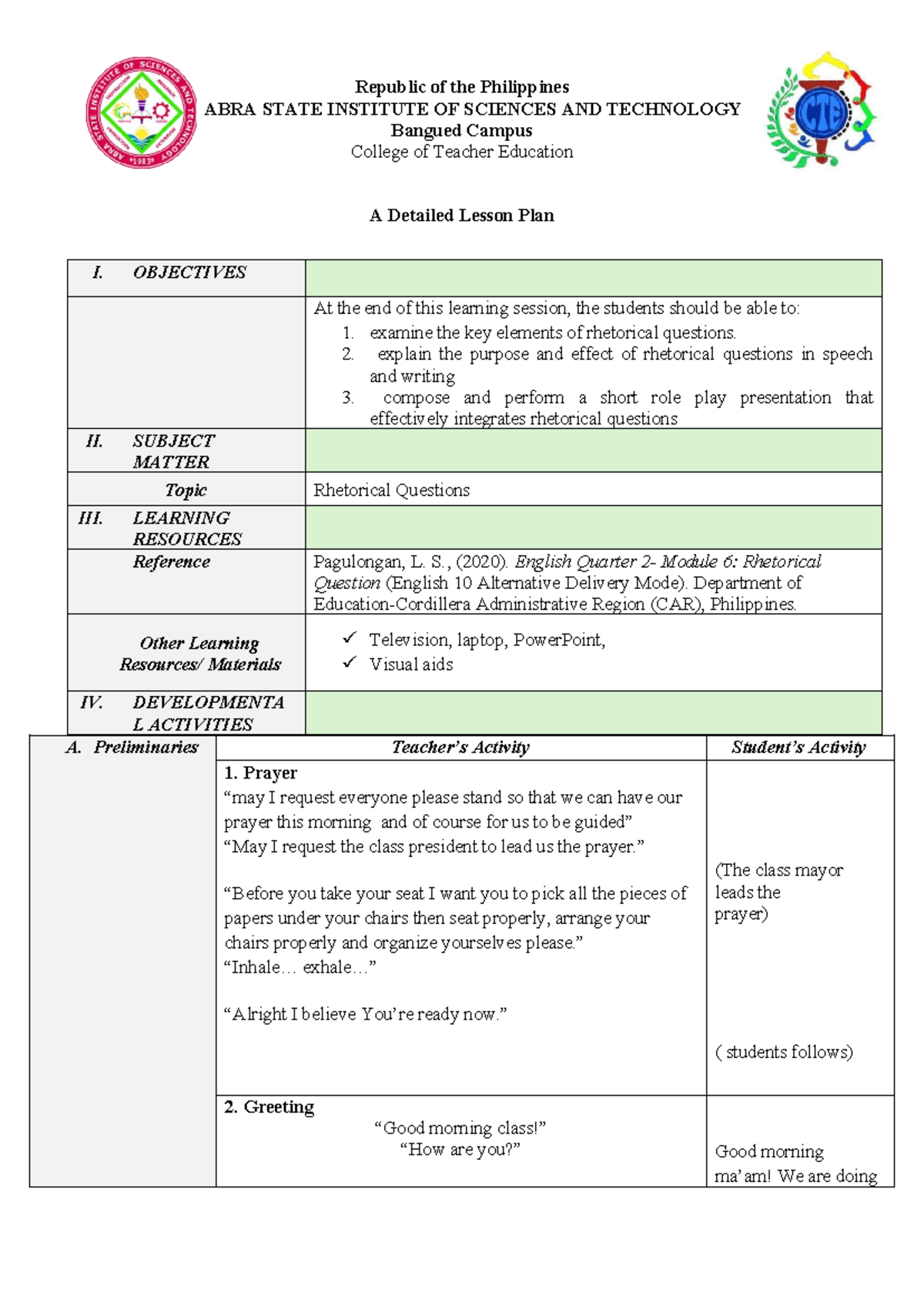 A-Detailed-Lesson-Plan on Rhetorical Questions (Grade 10) 114318 - Studocu