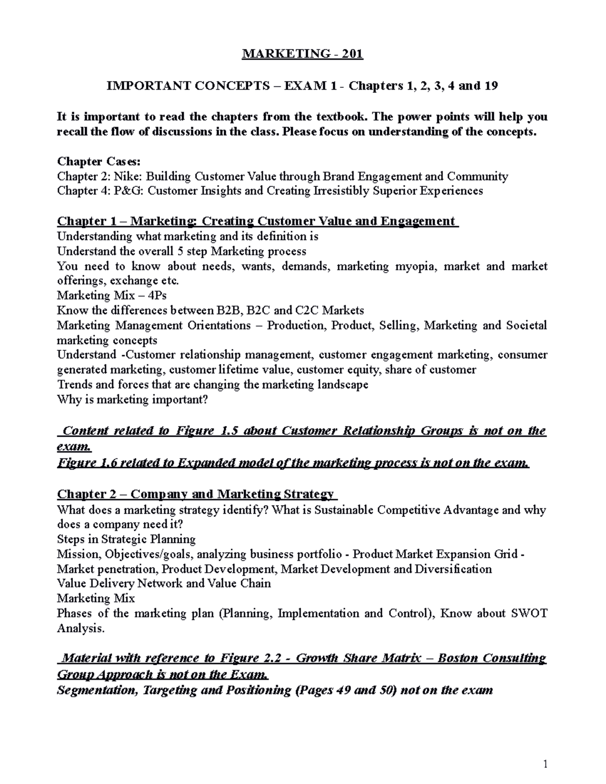 Study Guide for Marketing Exam 1 - MKT 201 - Key Concepts and Topics ...