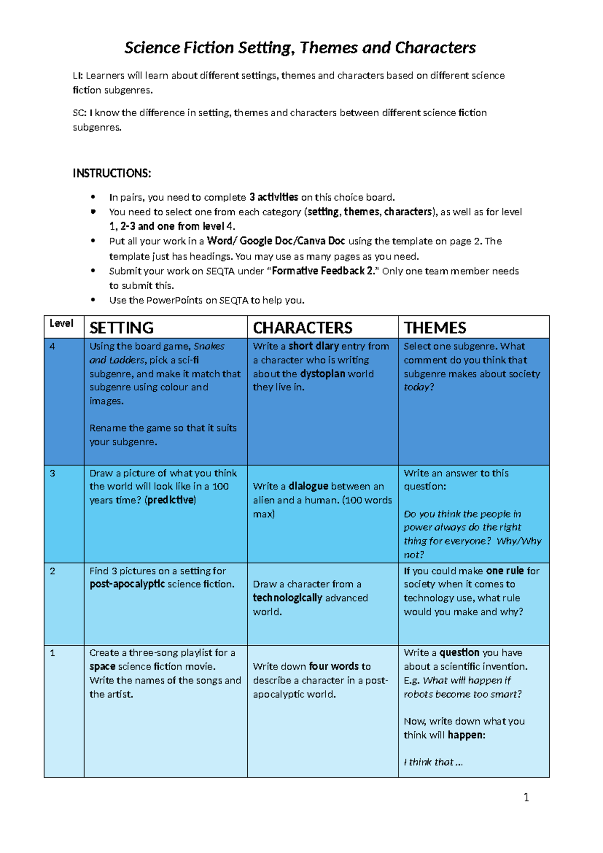 Science Fiction Settings, Themes & Characters Activities LI: Level 4 ...