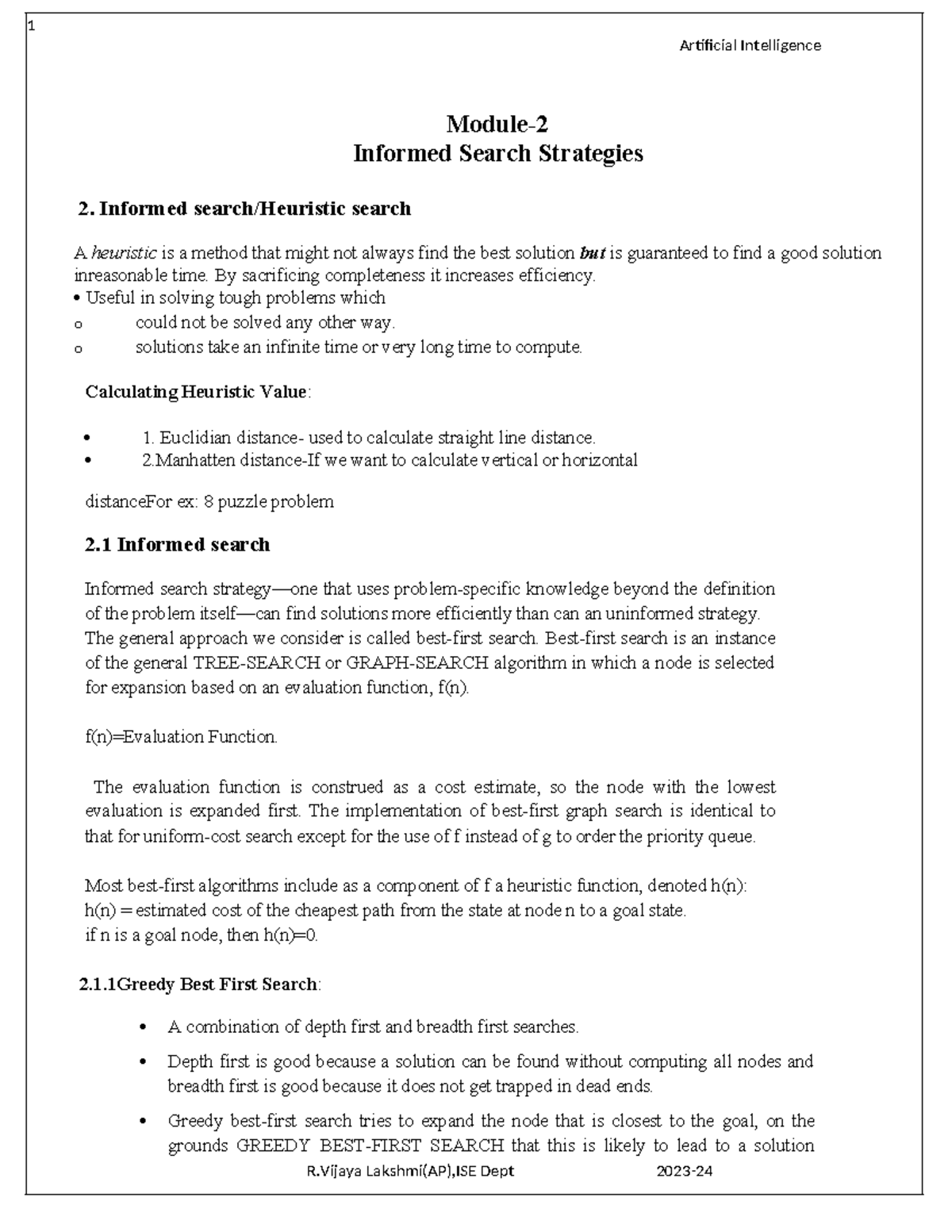 Artificial Intelligence (AI) - Informed Search Strategies Notes (Mod-2 ...