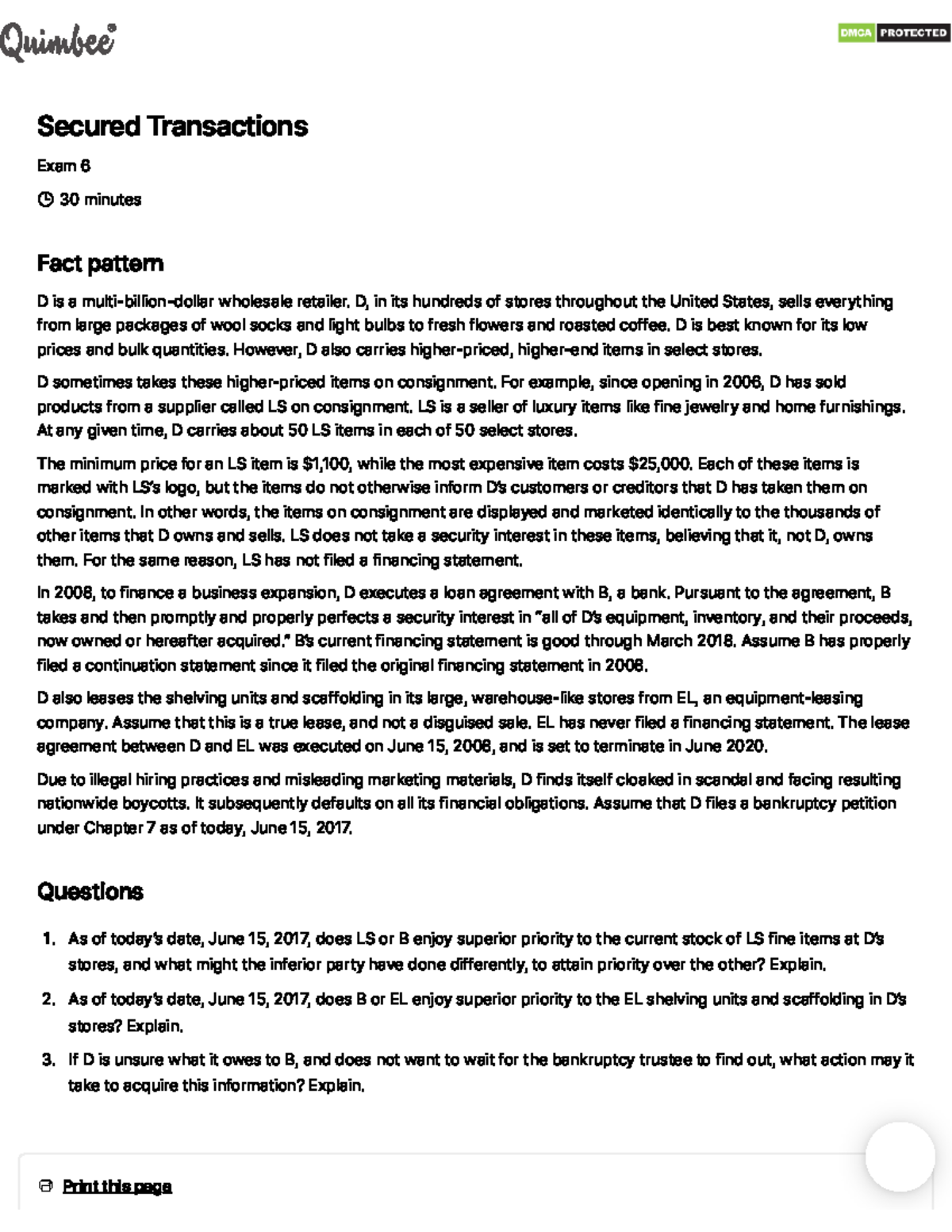 Essay Practice Q 6 - outline - Secured Transactions Exam 6 30 minutes ...