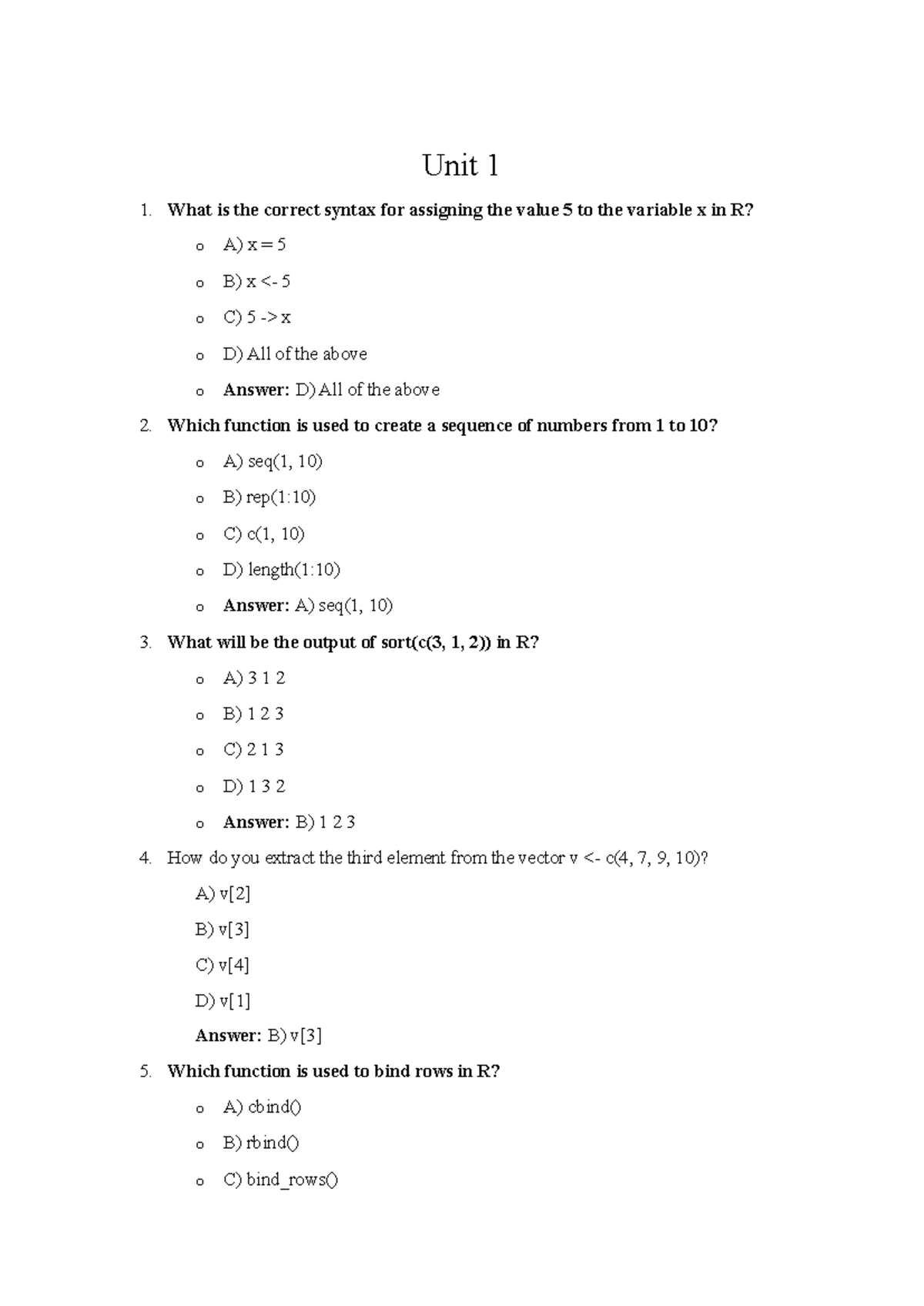 Unit 1: R Programming Questions and Answers for Exam Preparation - Studocu