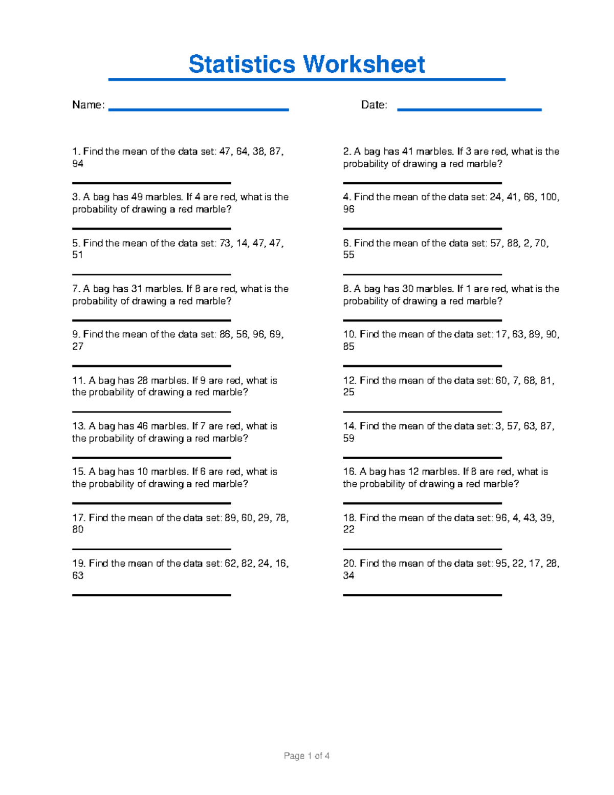 Statistics Worksheet 2: Mean & Probability Problems - Studocu