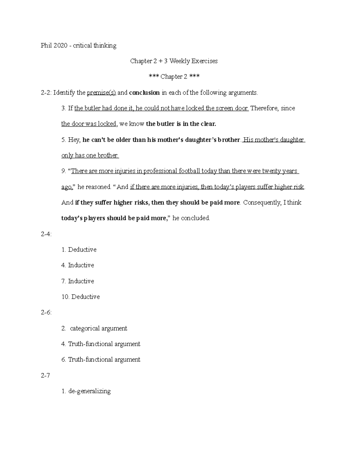 PHIL 2020 - Critical Thinking Ch. 2 & 3 Weekly Exercises - Studocu