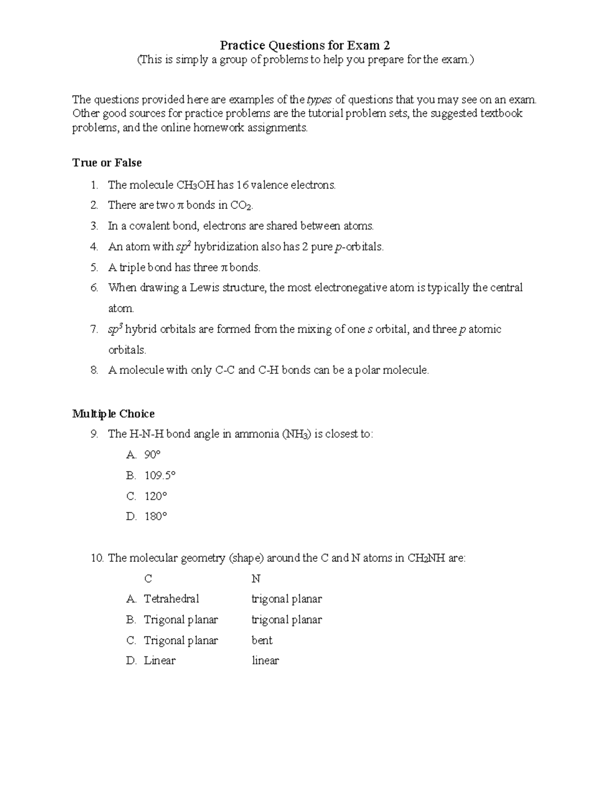 Practice Questions for Chem 101 Exam 2 Preparation - Studocu