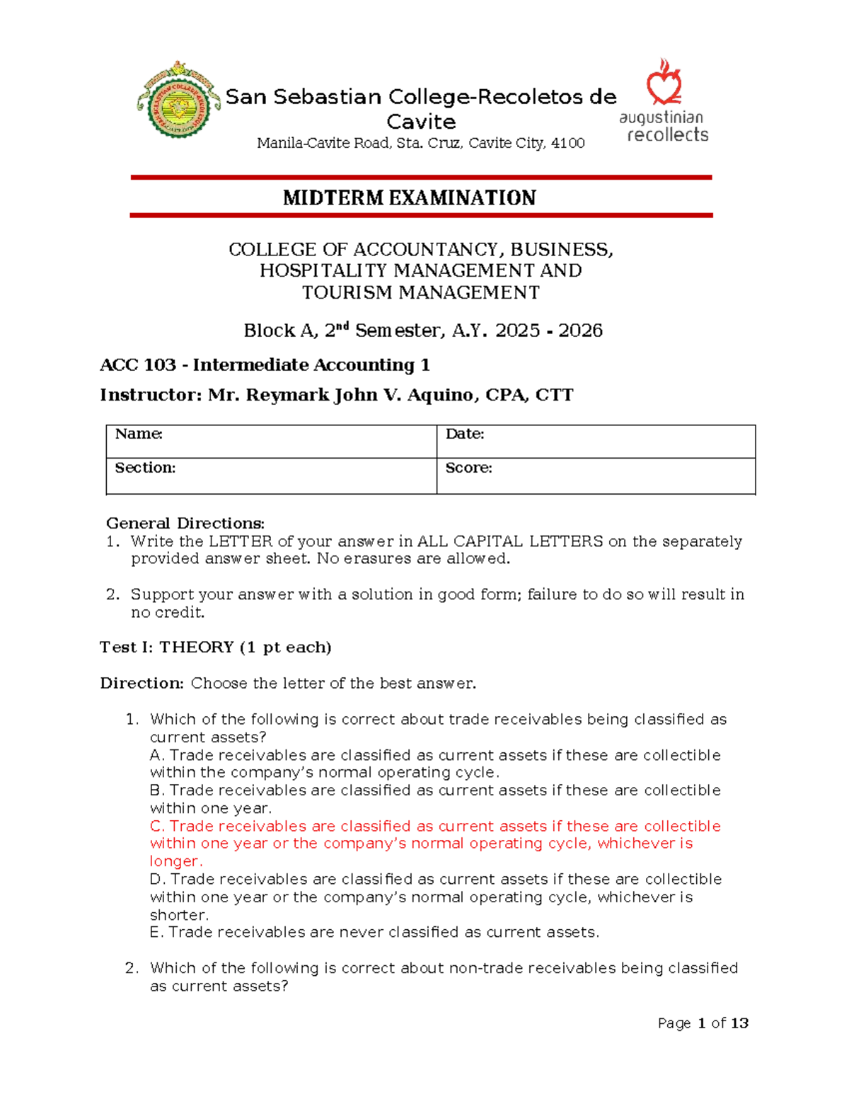 BSA1 - MIDTERM EXAMINATION: INTERMEDIATE ACCOUNTING 1 (ACC 103) - Studocu