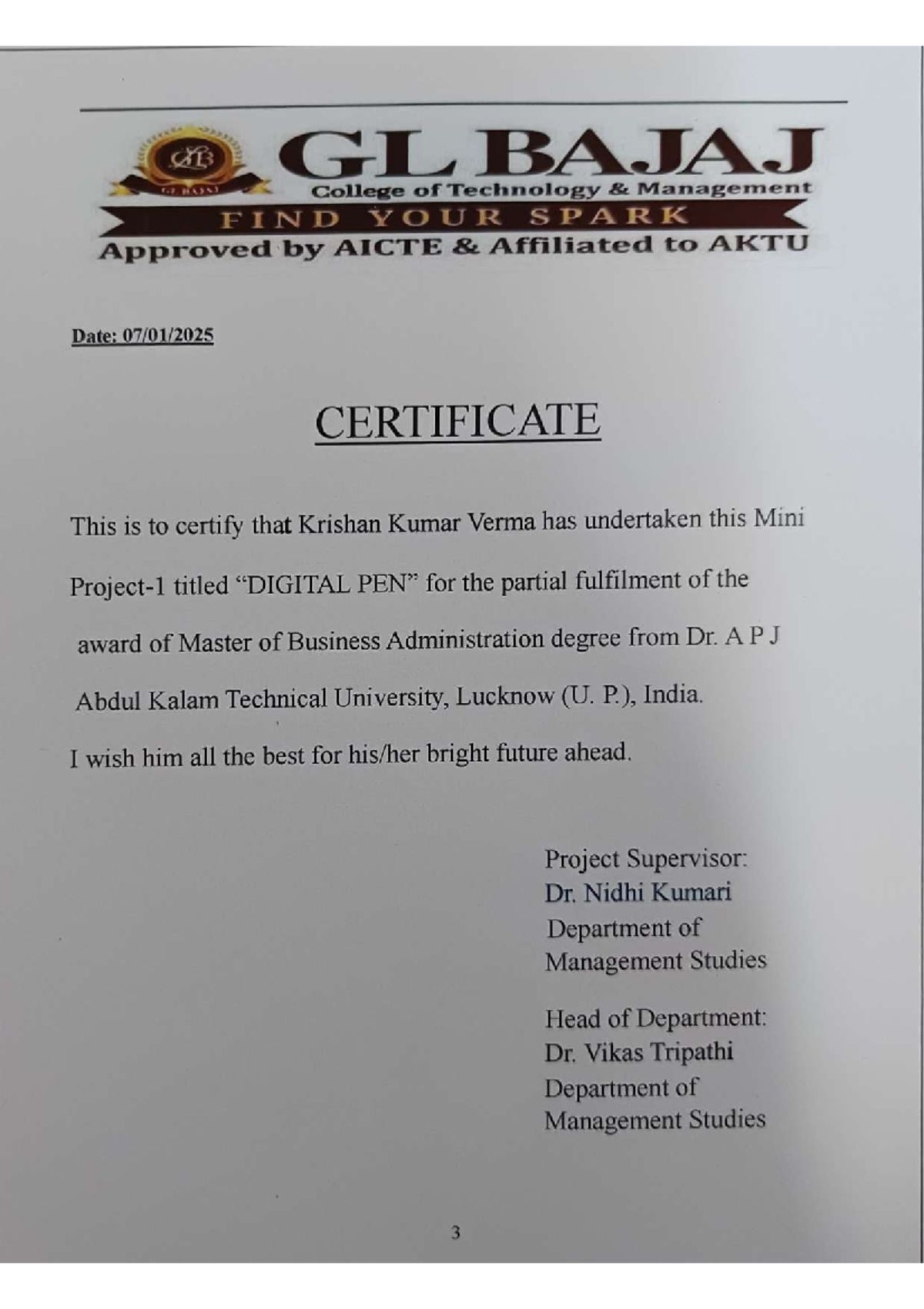 Certificate of Completion for MBA Mini Project at GL BAJAJ BROSS - Studocu