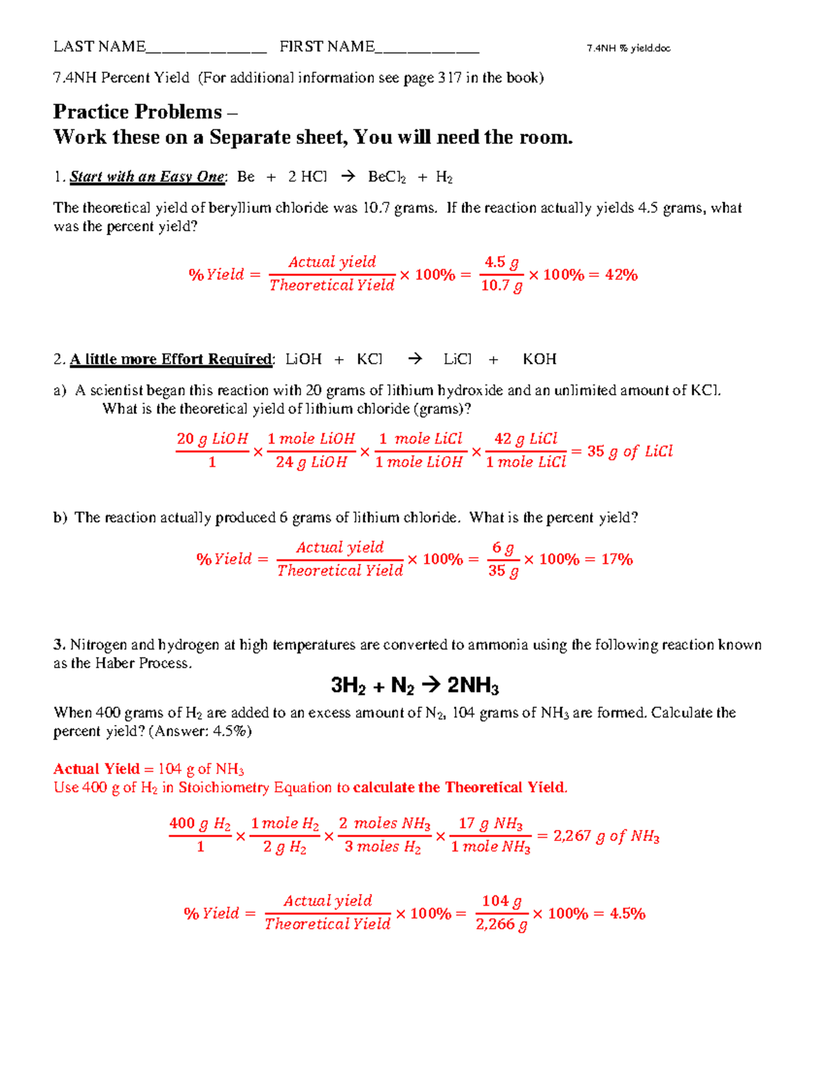 7.4NH Percent Yield Practice Problems and Solutions - Studocu