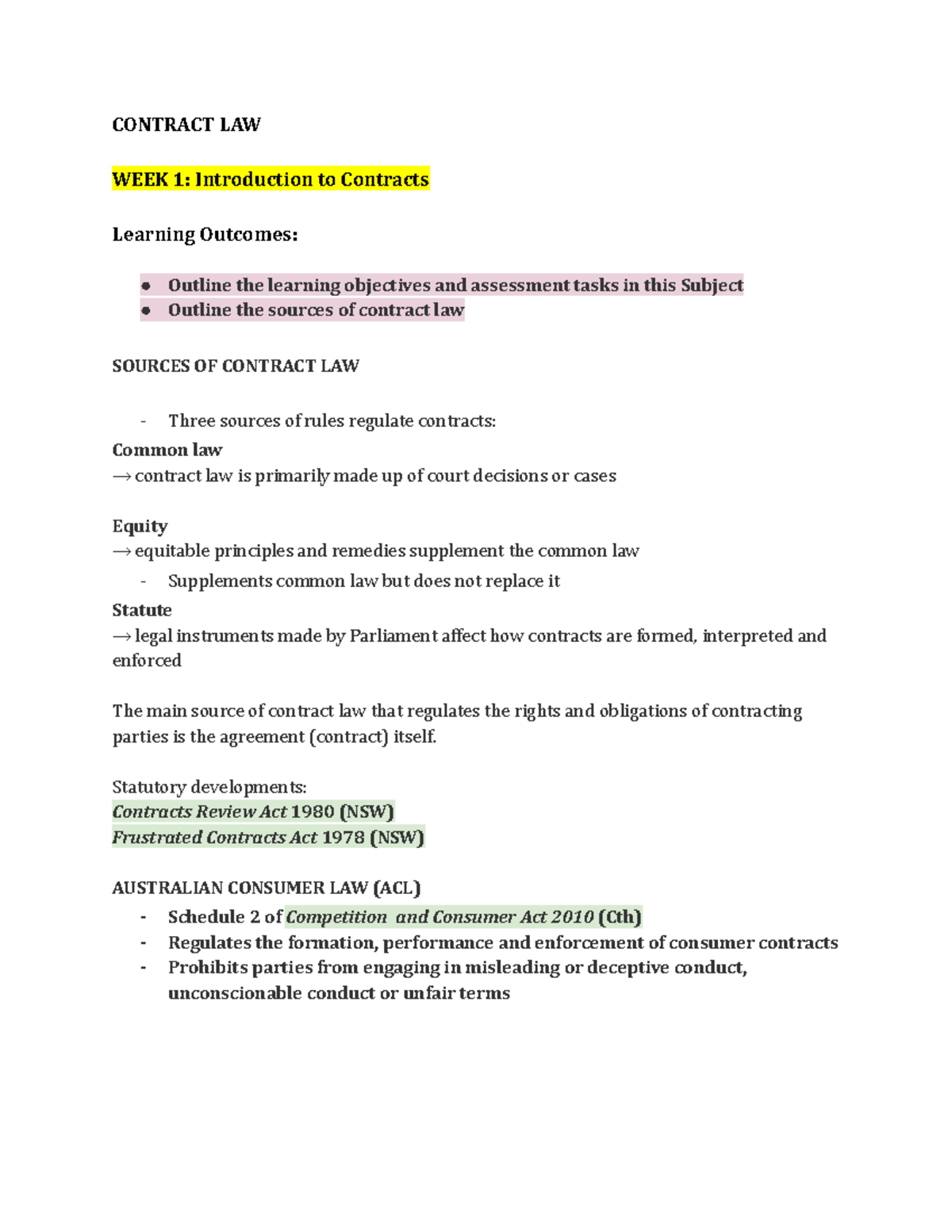Contract LAW - notes from class - CONTRACT LAW WEEK 1: Introduction to ...