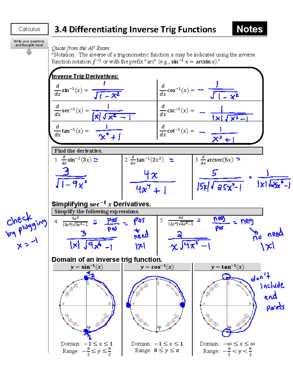 Calculus 3.4 Final Exam Notes: Differentiating Inverse Trig Functions ...