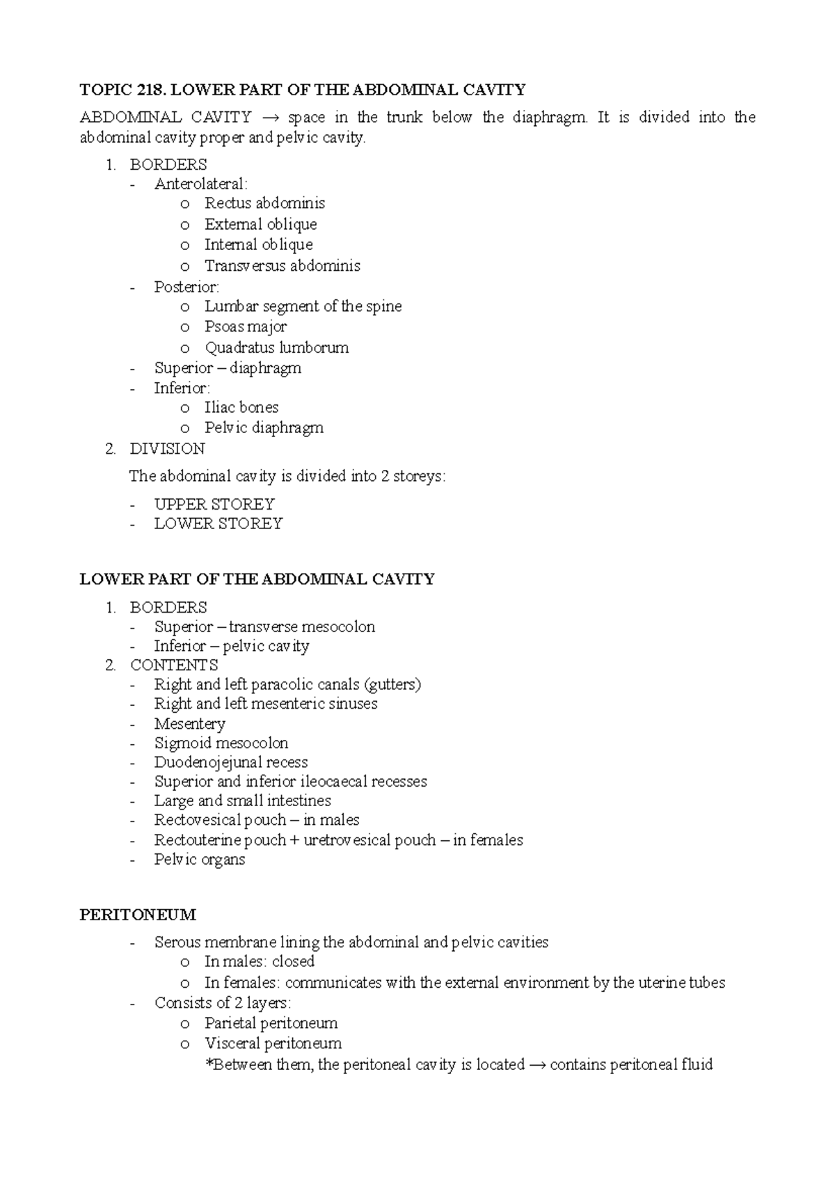 Lower Part of the Abdominal Cavity - Topic 218 Overview - Studocu