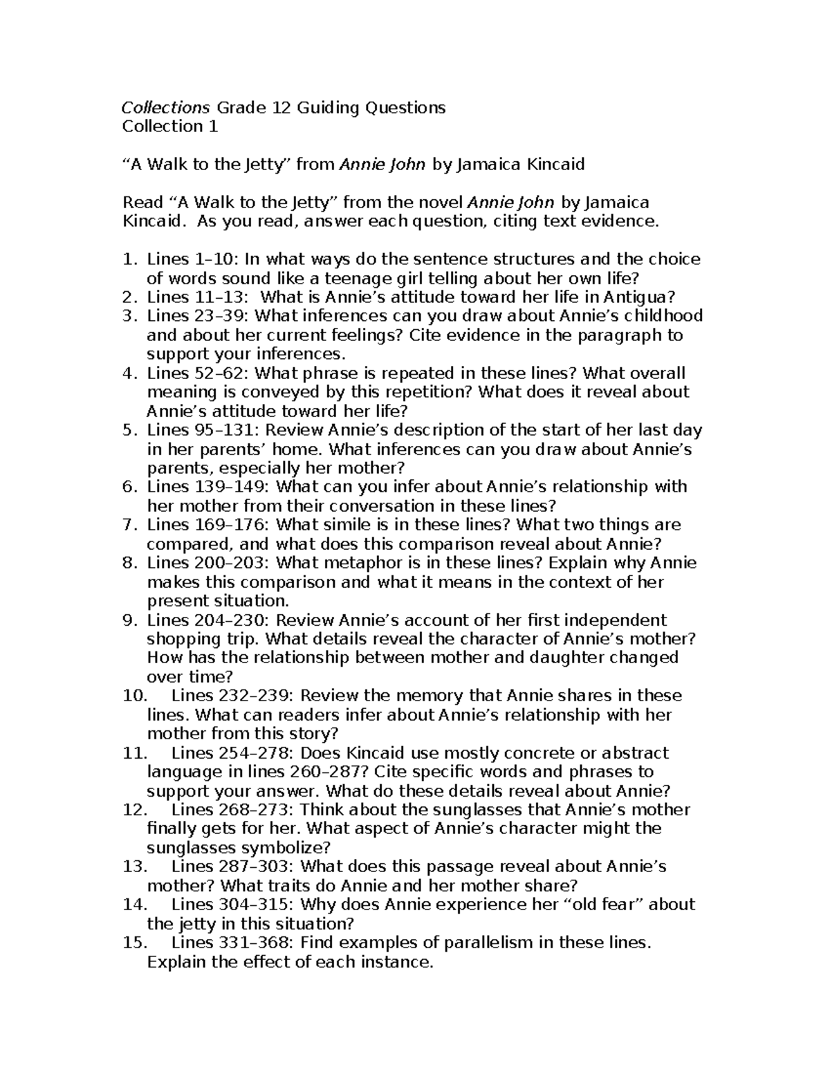 Grade 12 Eng 101: Guiding Questions for "A Walk to the Jetty" Analysis ...