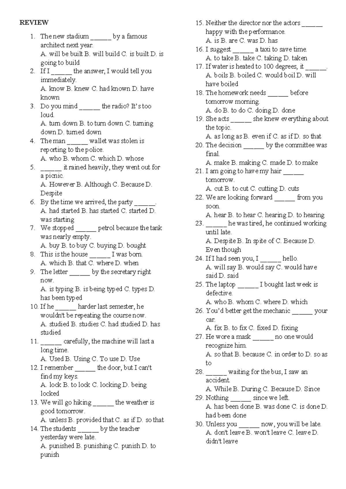 REVIEW TEST 2 - English Grammar Practice Questions - Studocu