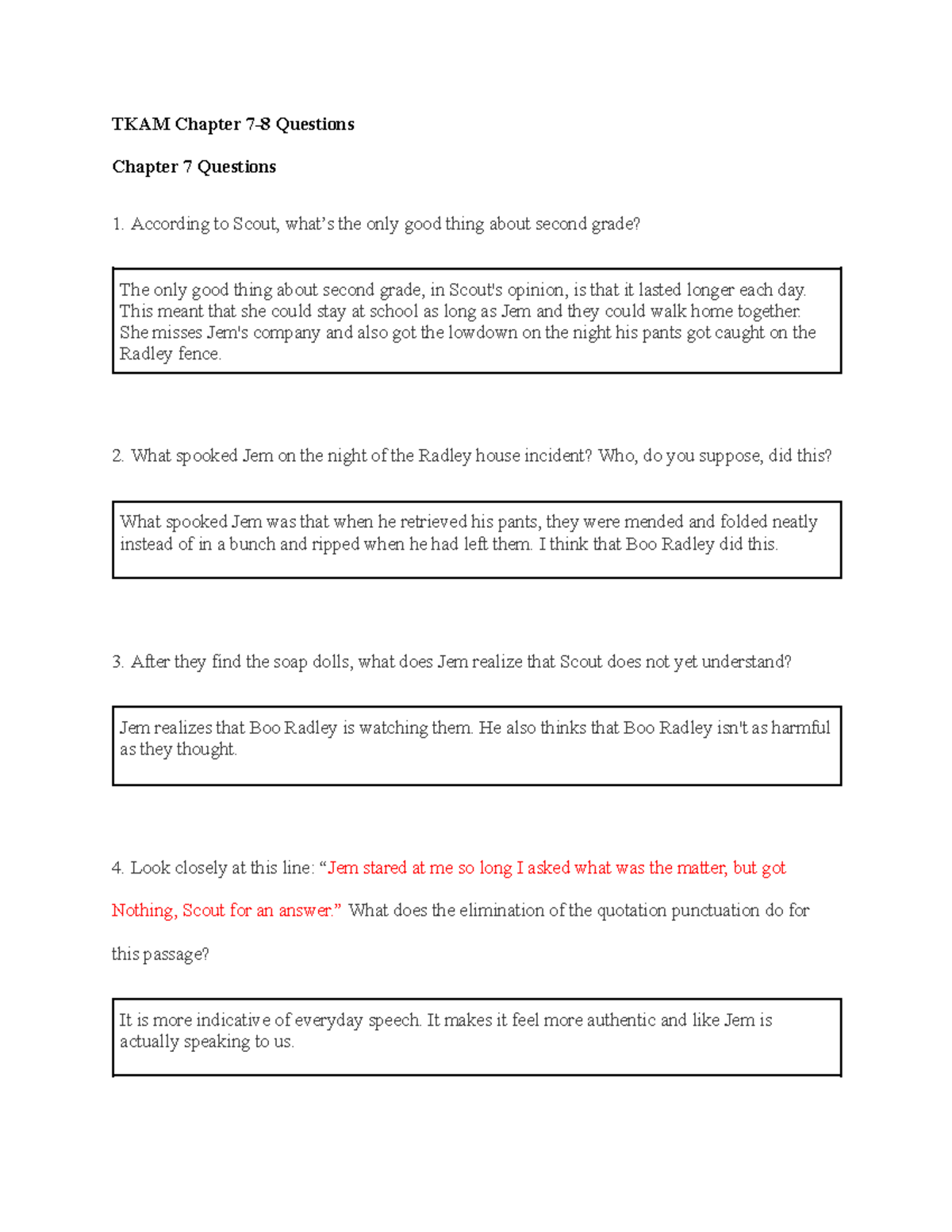 TKAM Chapter 7-8 Questions & Analysis on 'To Kill a Mockingbird' - Studocu