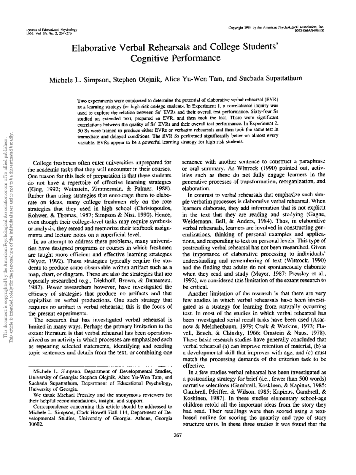 Simpson et al. (1994) - Elaborative Verbal Rehearsals & Cognitive ...