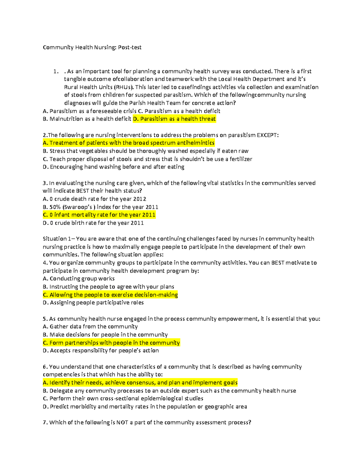 Community Health Nursing CHN 101: Test Questions with Answers - Studocu