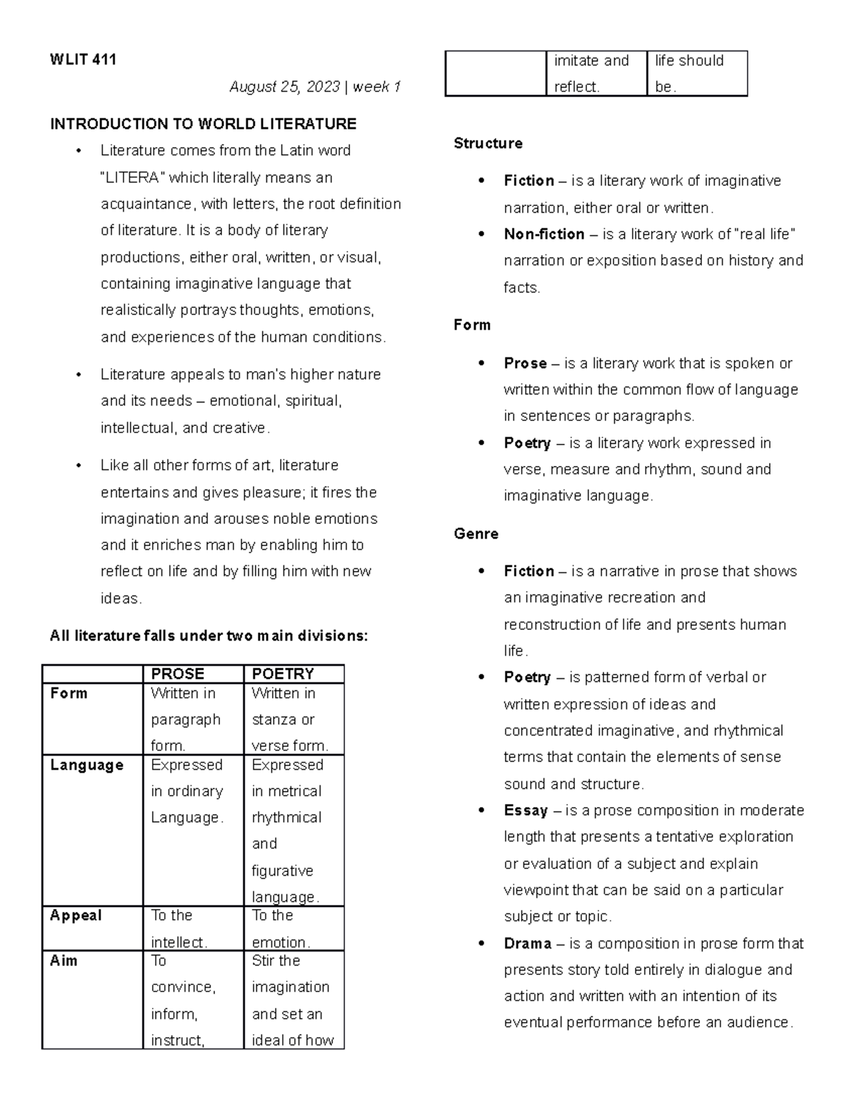 WLIT 411 - Week 1 Notes on World Literature Overview - Studocu