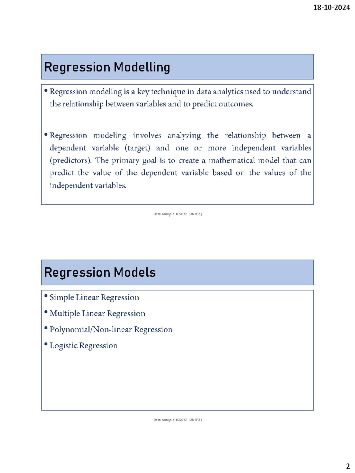 Regression Models and Analysis Notes KCS052 - Studocu