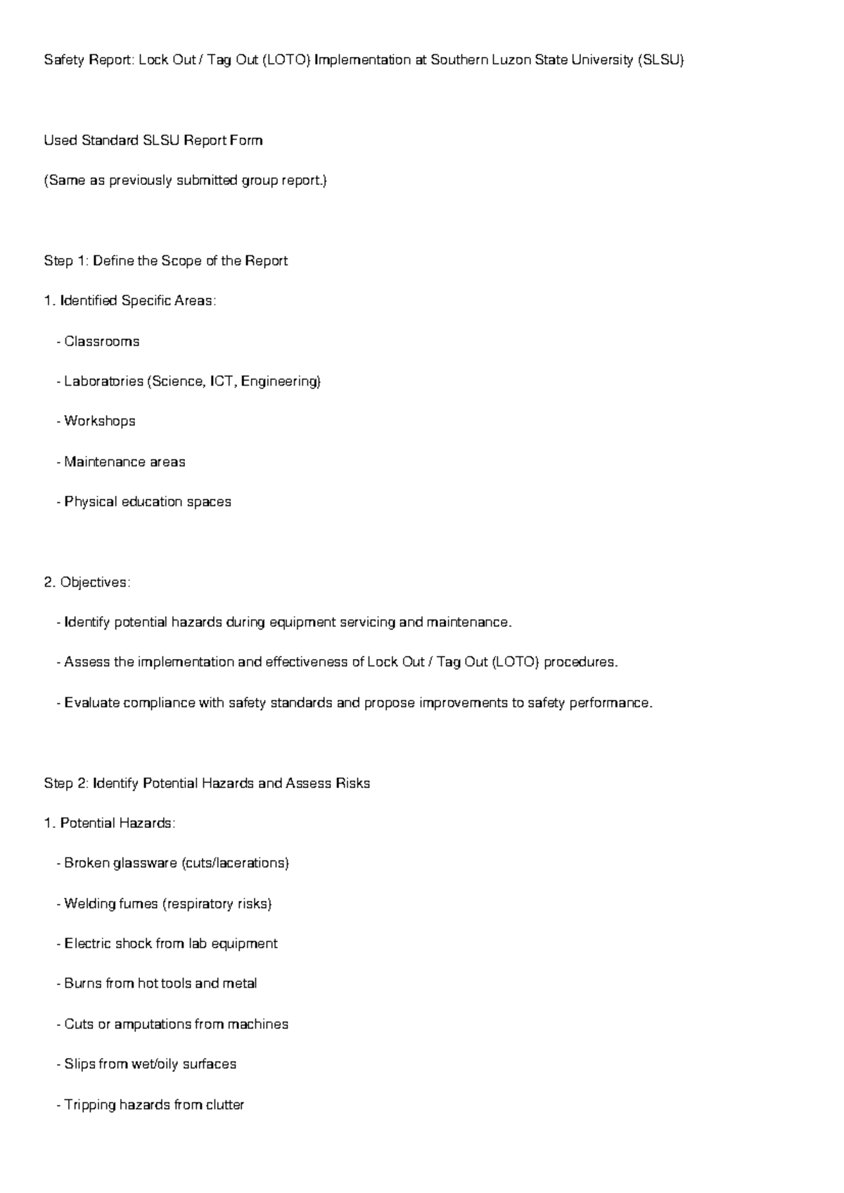 Safety Report: LOTO Implementation at SLSU - Hazard Assessment ...