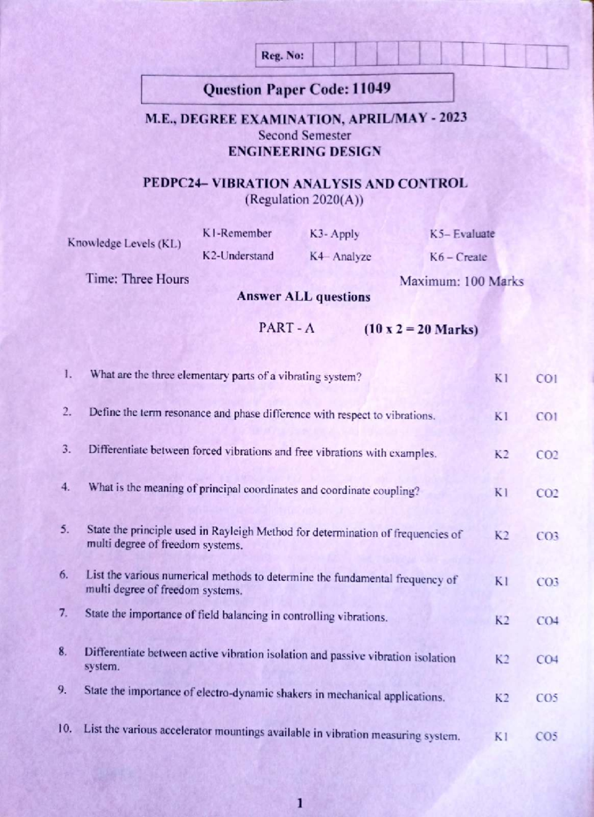 Engineering Design Vibration Analysis and Control Exam Paper 11049 ...