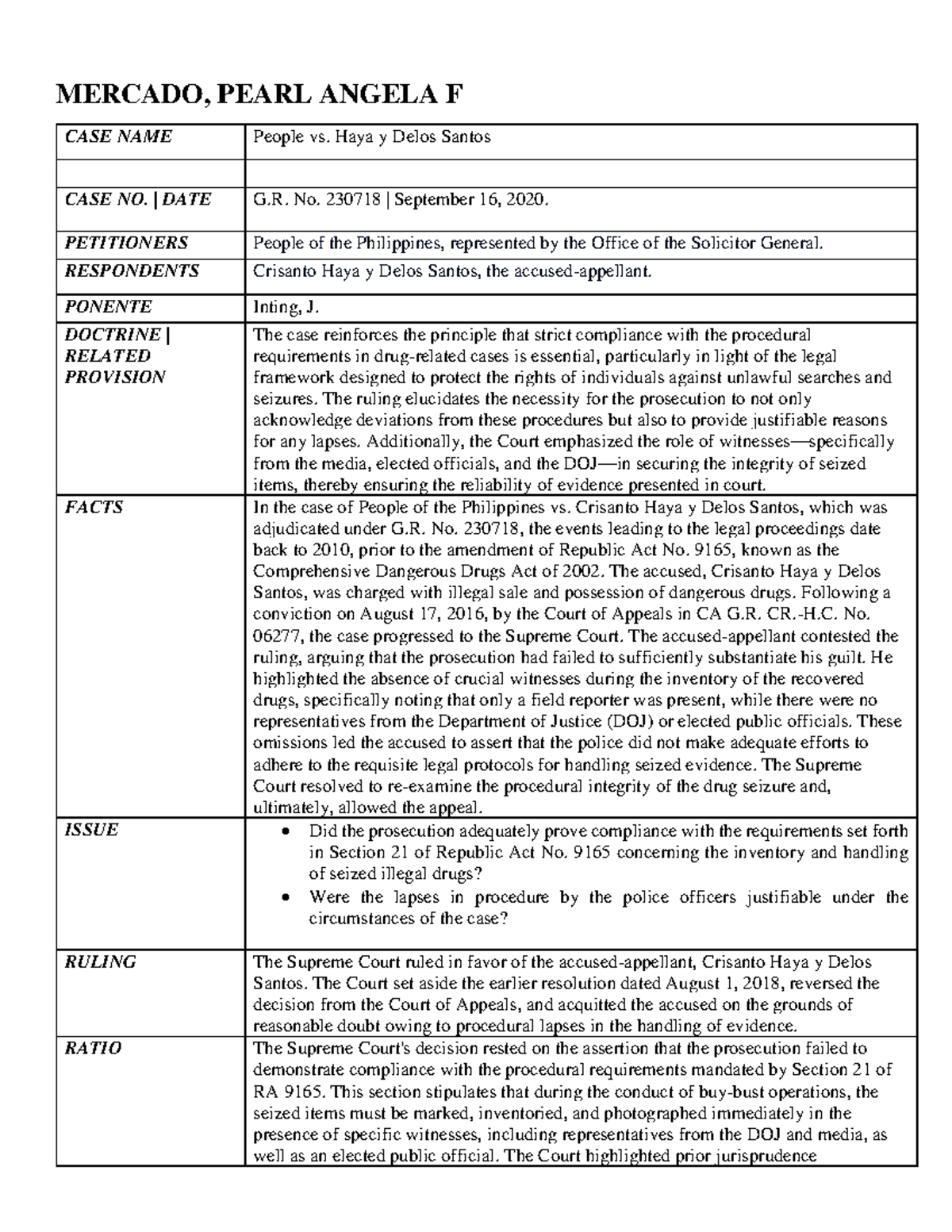 Criminal Procedure Case Digest: Key Rulings and Jurisprudence (MERCADO ...