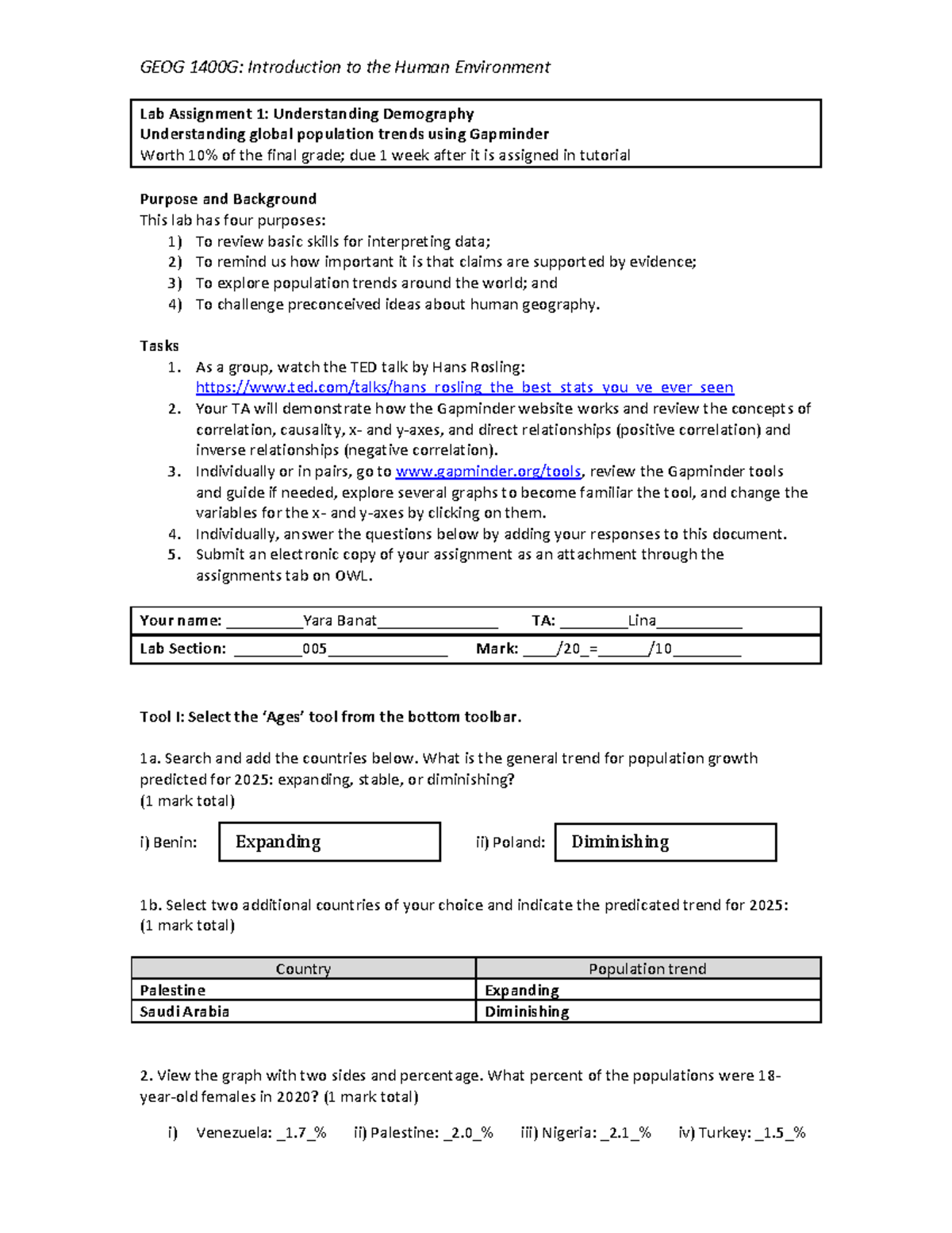 GEOG 1400G: Lab Assignment 1 - Understanding Demography Trends - Studocu