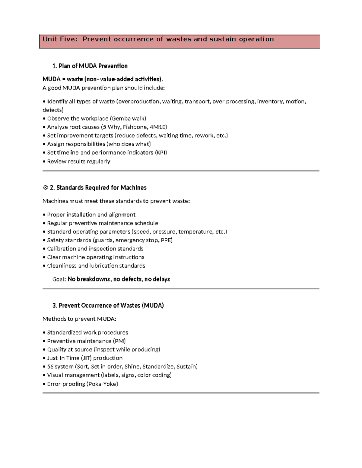 Unit 5: MUDA Prevention Strategies for Operational Efficiency - Studocu