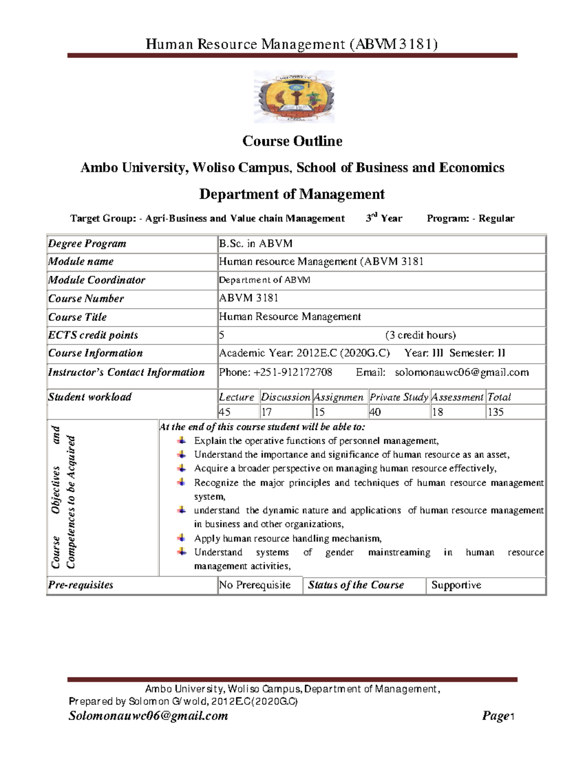Human Resource Management Lecture Notes (ABVM 3181) for 3rd Year ...