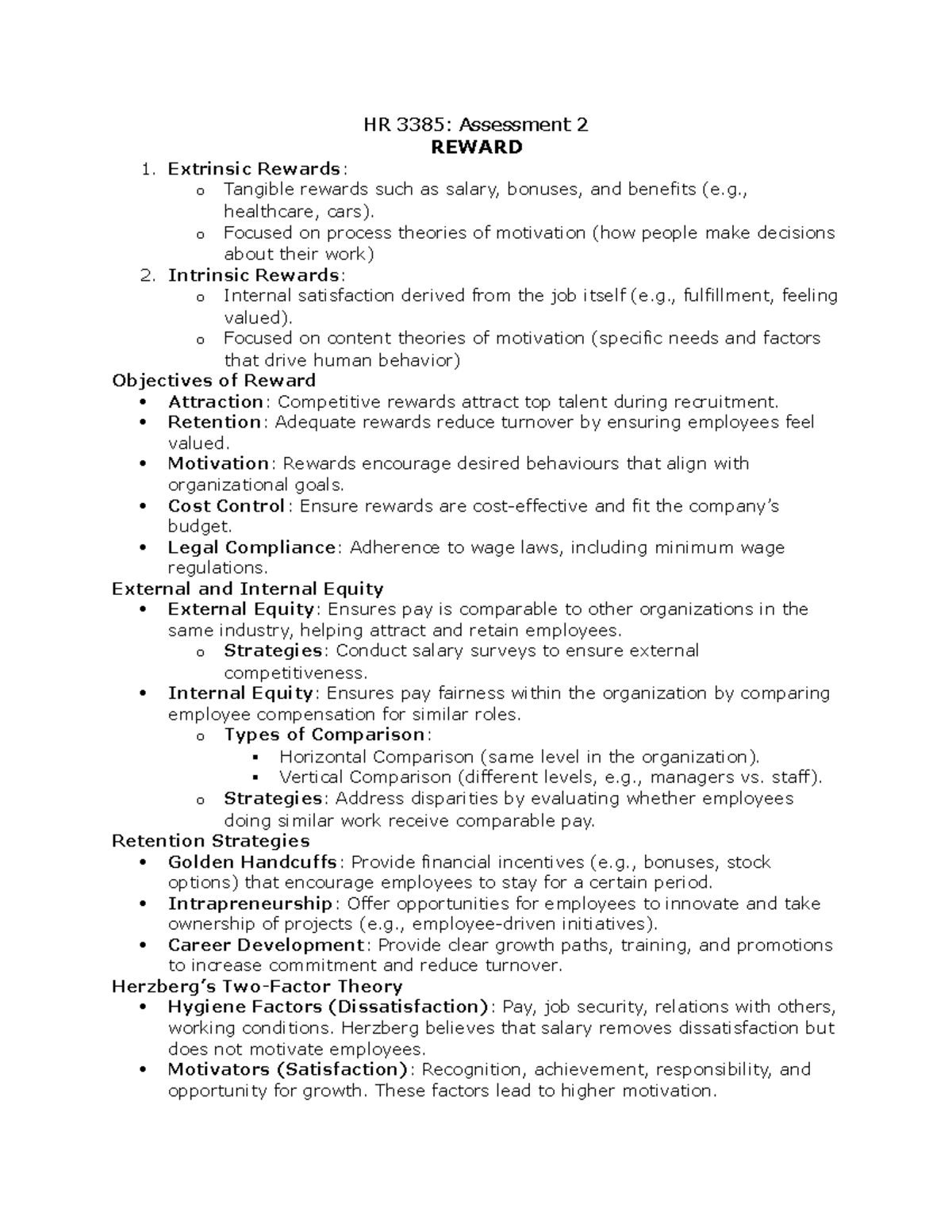 HR 3385: Reward strategies and theories for employee motivation - Studocu