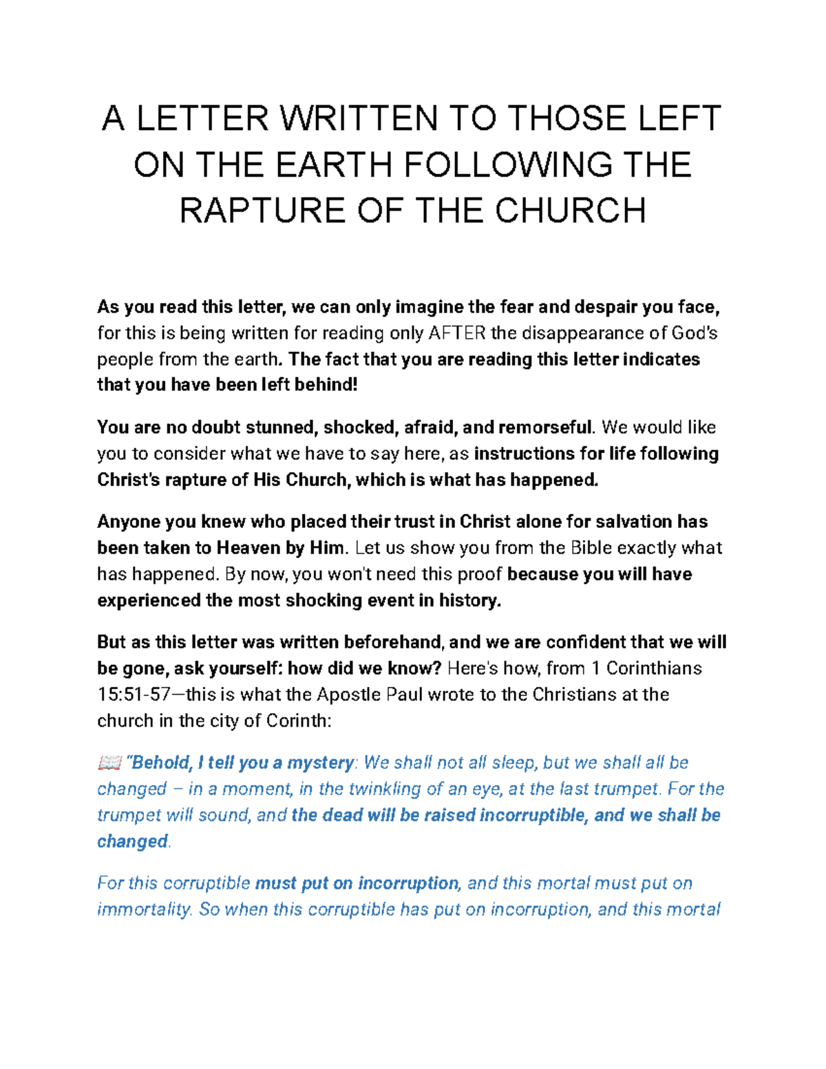 Rapture Left Behind Letter