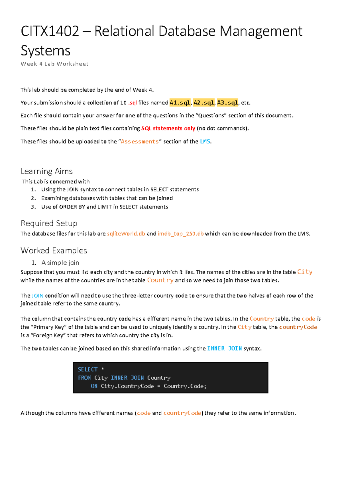 CITX1402 Relational DBMS Week 4 Lab Worksheet Instructions - Studocu