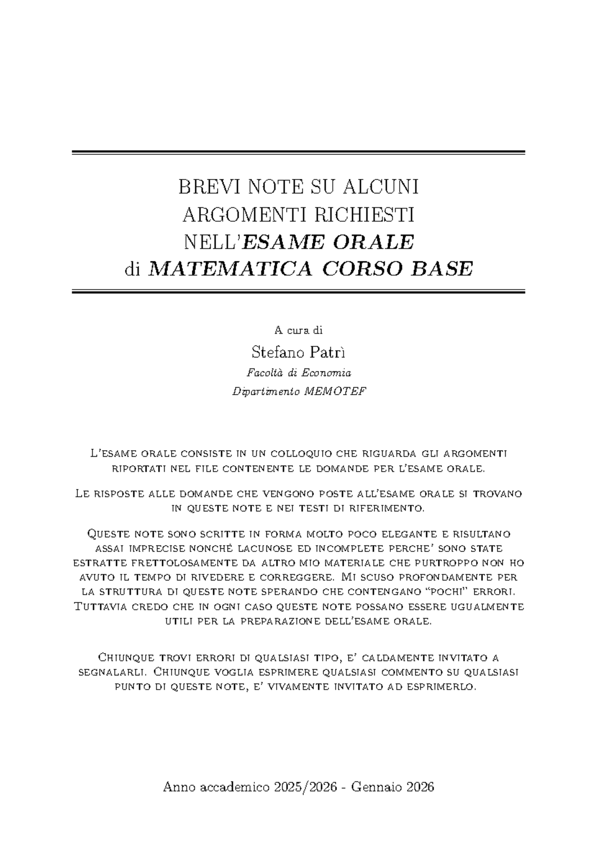 Brevi Note per Esame Orale di Matematica CORSO BASE - Studocu