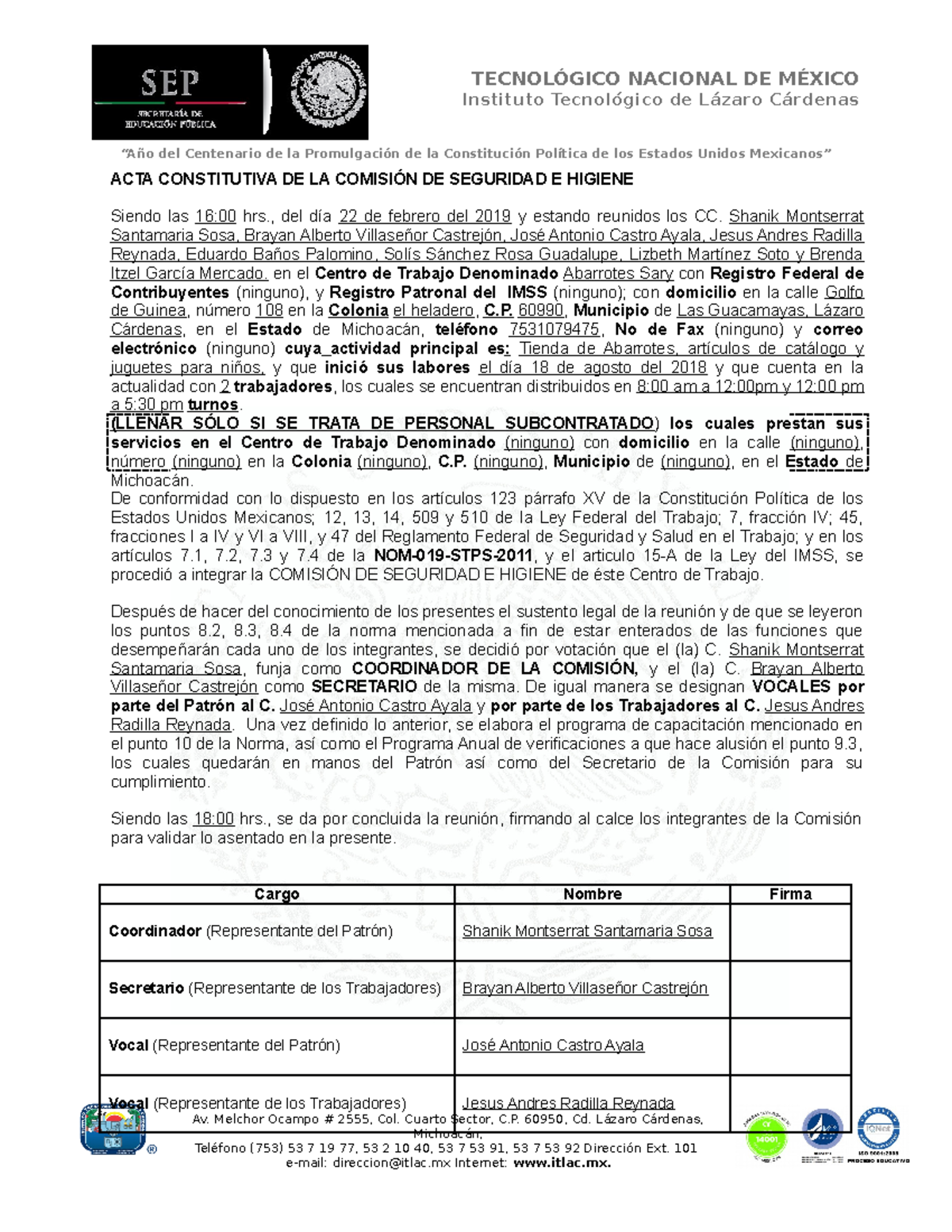 ACTA CONSTITUTIVA DE LA COMISIÓN DE SEGURIDAD E HIGIENE - ITLC - Studocu