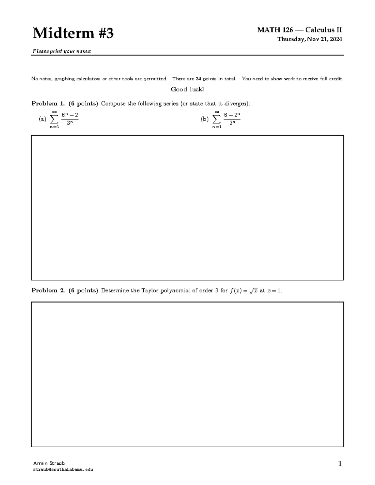 Midterm Exam MATH 126 Calculus II - Nov 21, 2024 - Studocu