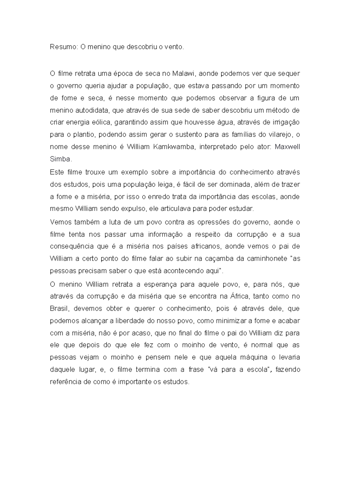 Resumo do Filme: O Menino que Descobriu o Vento - Studocu