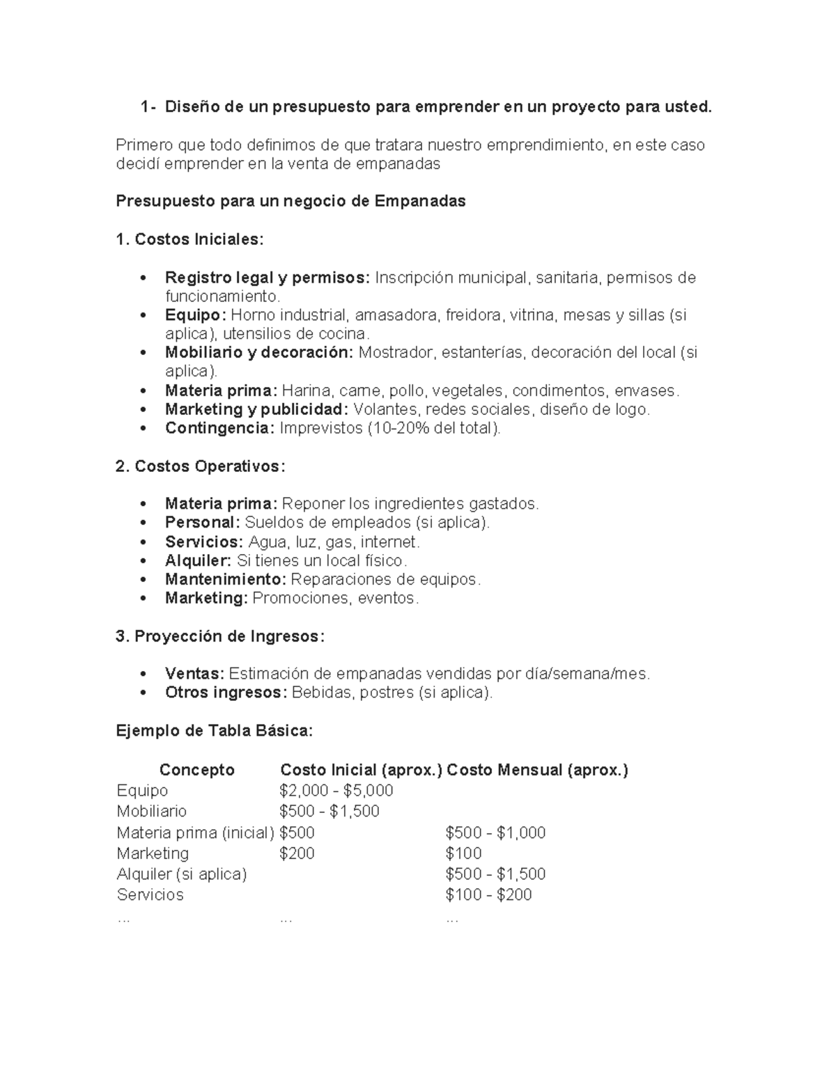Diseño de un presupuesto para emprender en un proyecto para usted ...