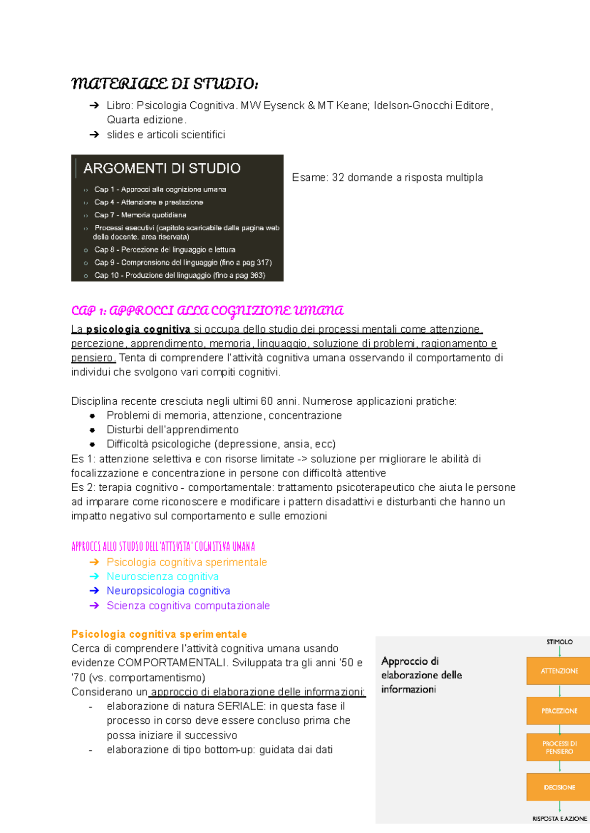 Psicologia Cognitiva (Corso 123) - Riassunti e Appendici Approfonditi - Document Preview