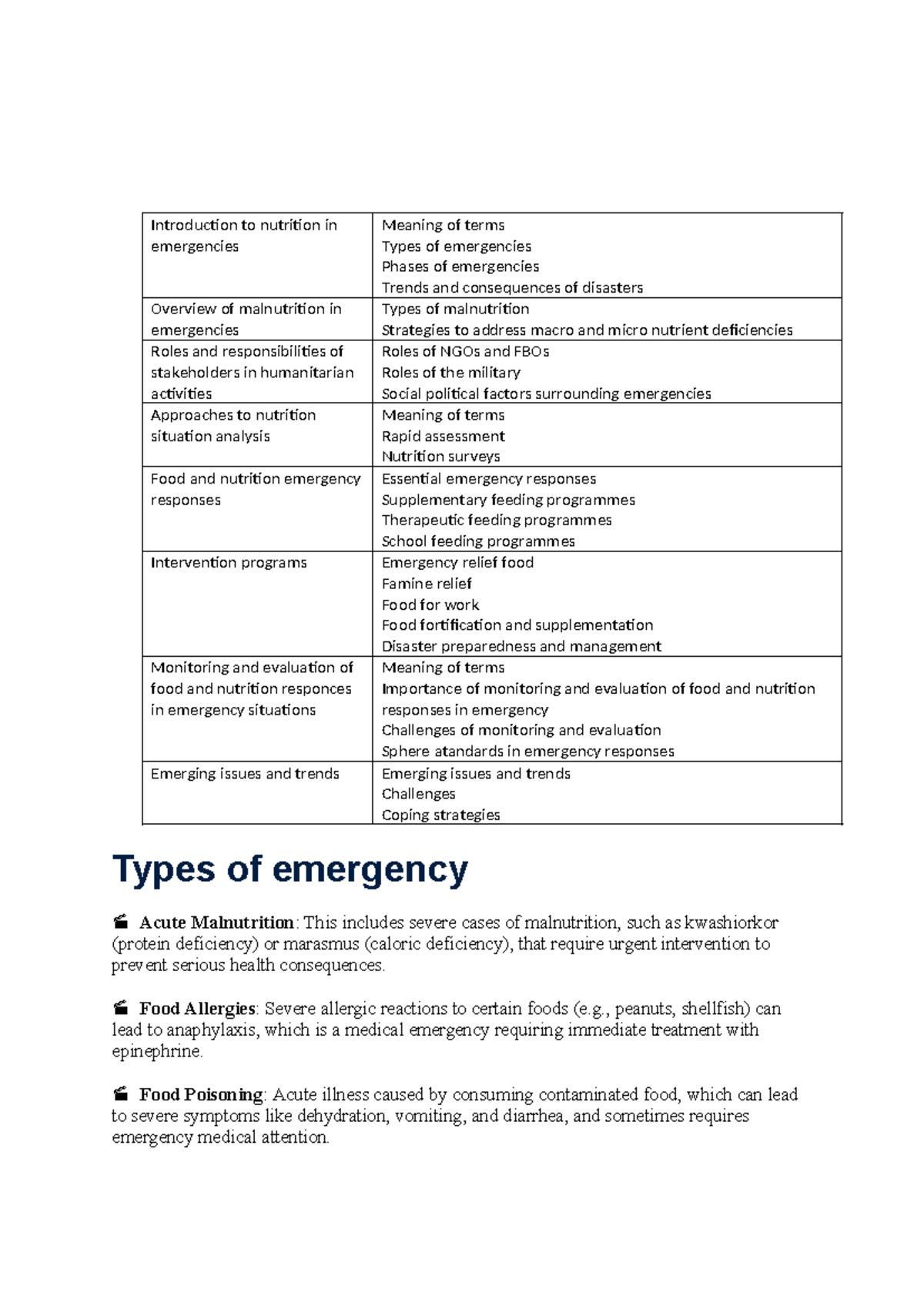 Nutrition in Emergencies: Key Issues and Strategies for Response - Studocu