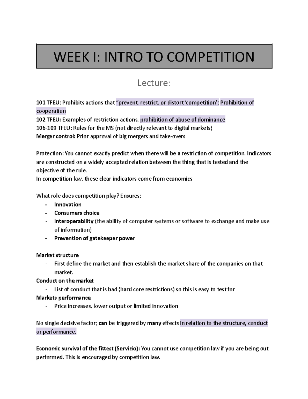 WEEK I: INTRO TO COMPETITION Law Lecture Notes (101 & 102 TFEU ...
