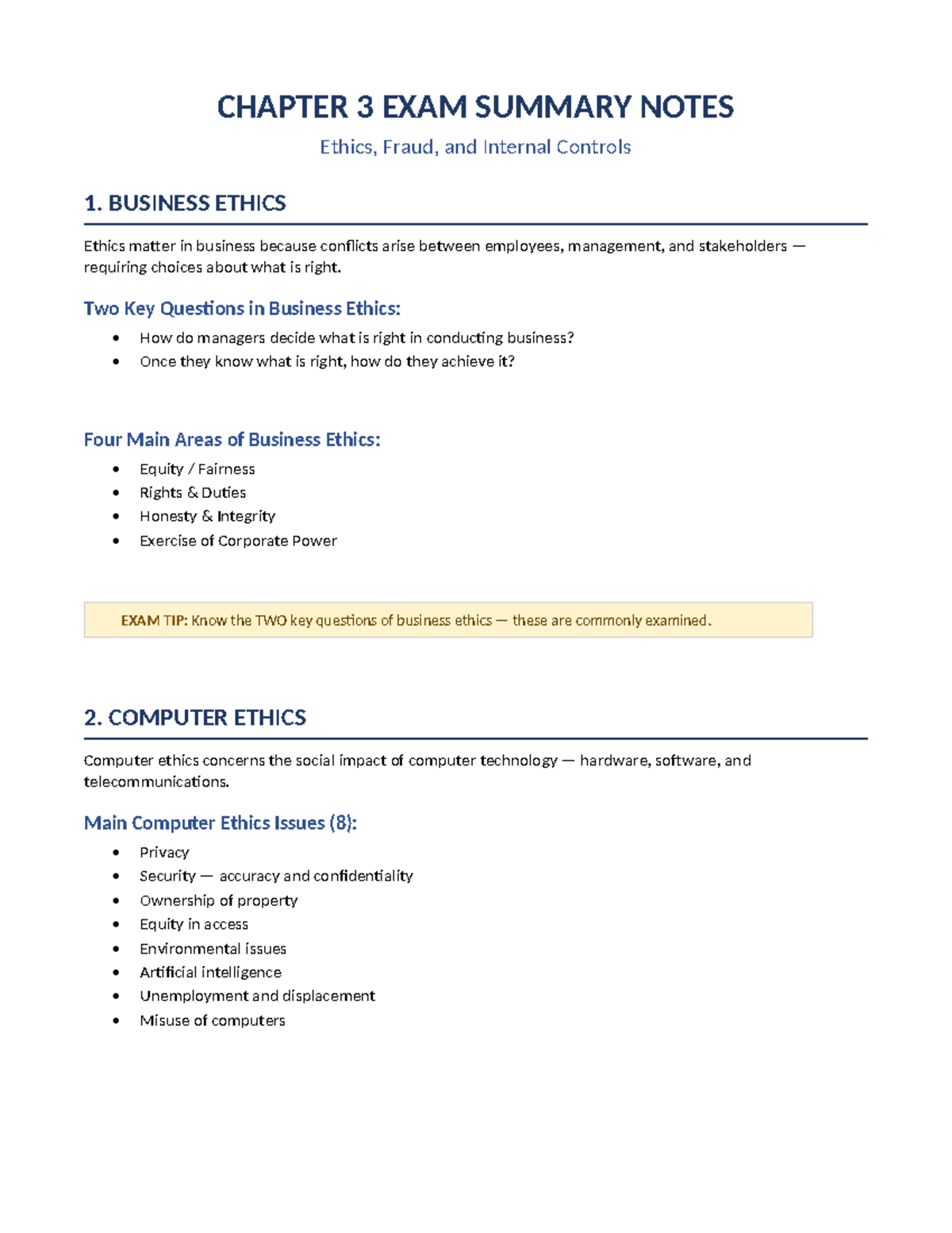 CH3 EXAM NOTES: Ethics, Fraud, and Internal Controls Summary - Studocu